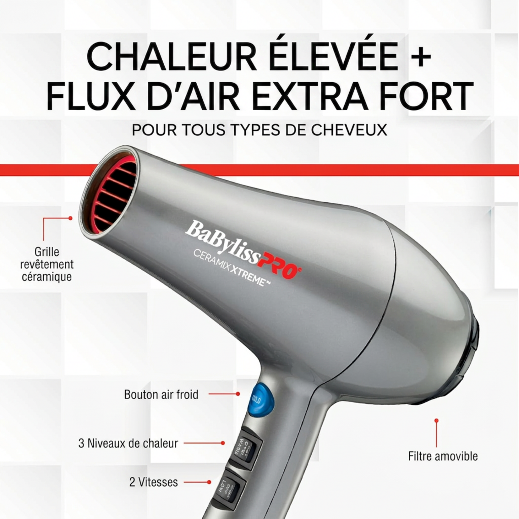 BABYLISS PRO BAB5586NC - SECHOIR IONIQUE GRIS CERAMIX XTREME BABYLISS PRO