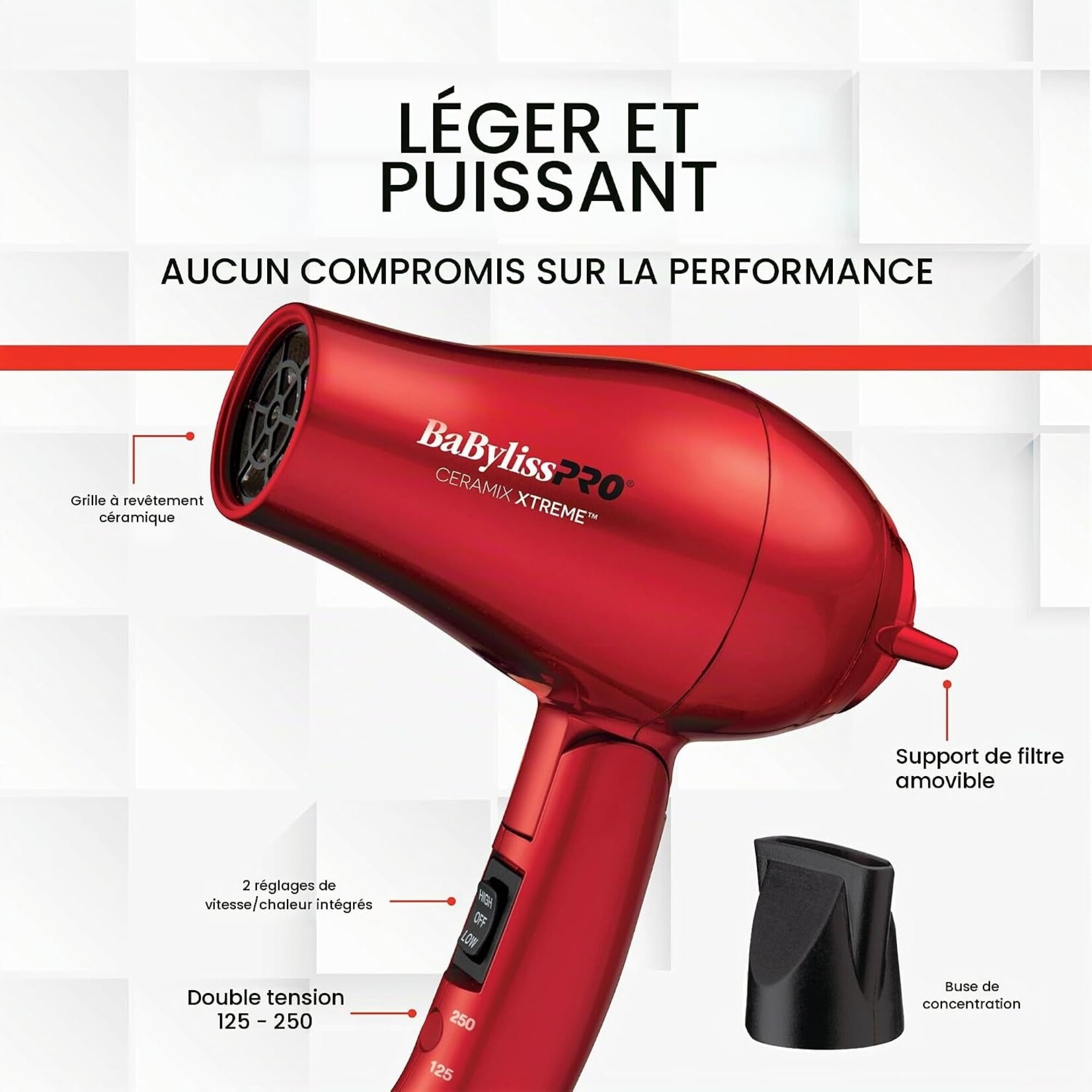 BABYLISS PRO BAB053C - SECHOIR DE VOYAGE PLIABLE ROUGE CERAMIX XTREME BABYLISS PRO