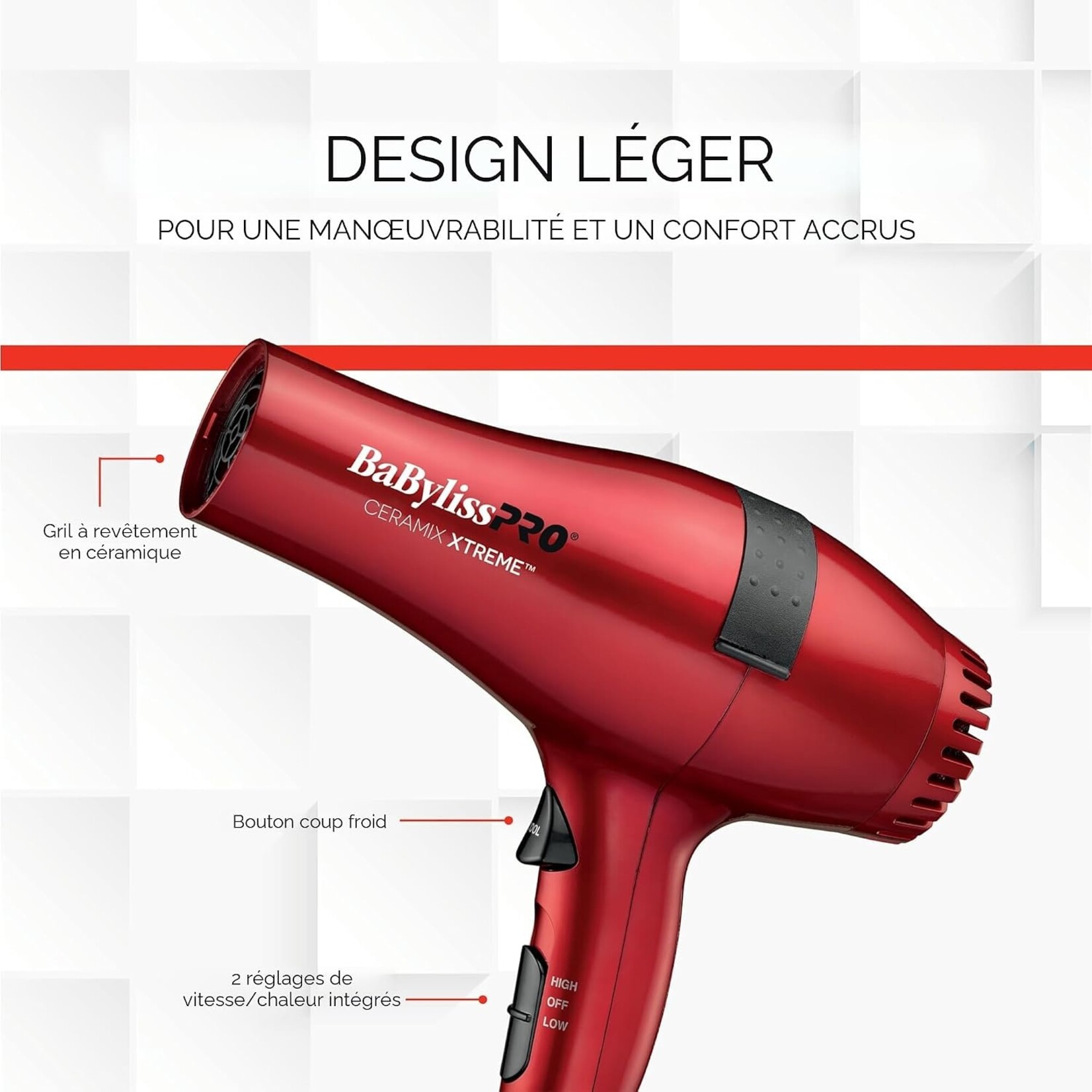 BABYLISS PRO BAB5572NC - SECHOIR CERAMIX XTREME ROUGE BABYLISS PRO