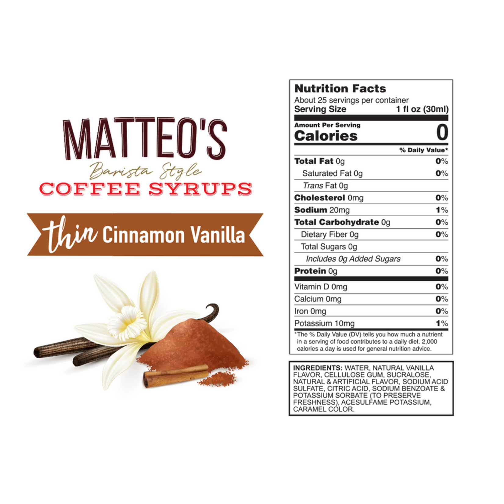 MATTEO'S 50003  -  SIROP DE CAFE SANS SUCRE , VANILLE  A LA CANNELLE 750ML MATTEO'S