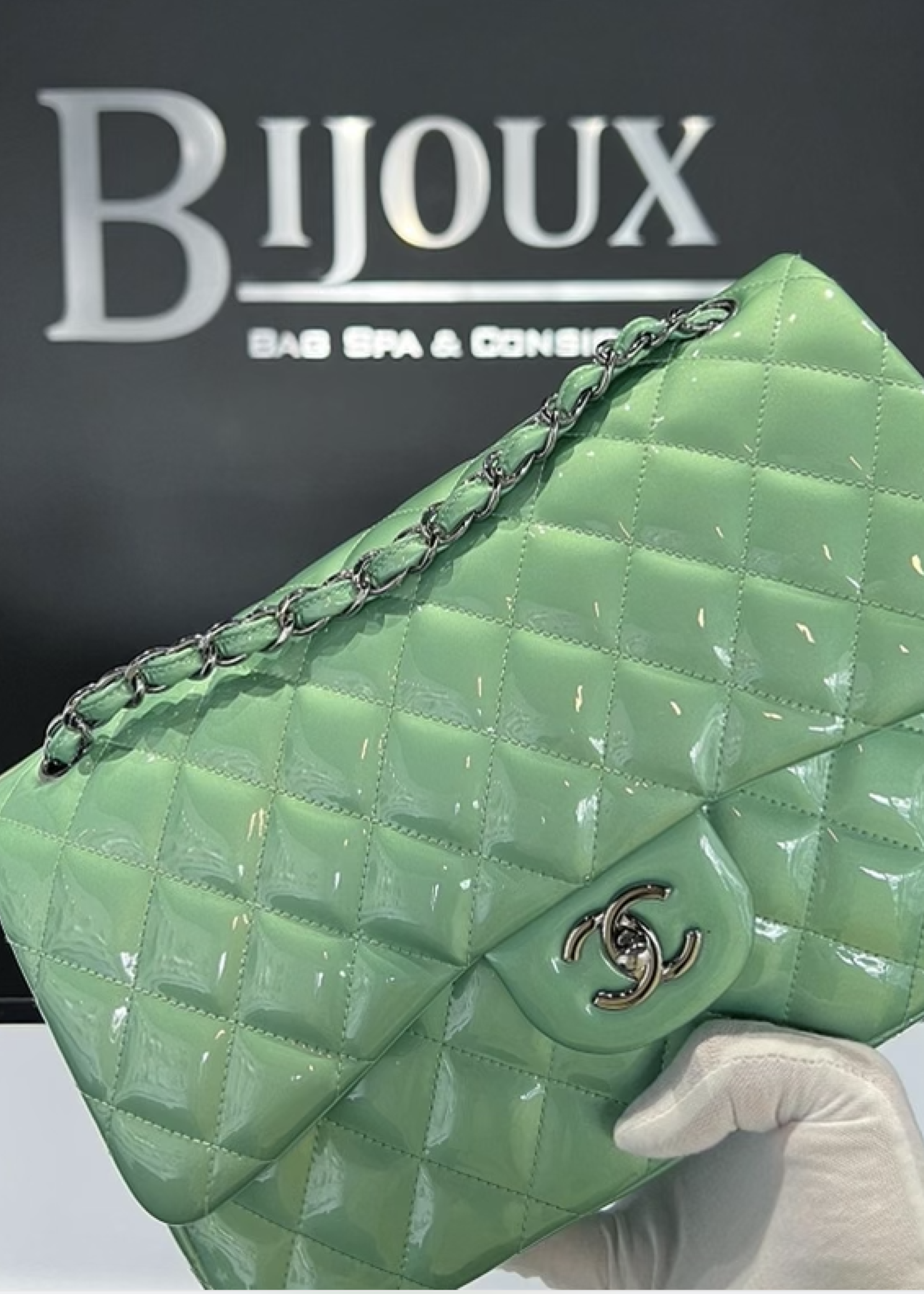 Chanel SOLD - Chanel Green Quilted Patent Leather Classic Jumbo Double Flap Bag