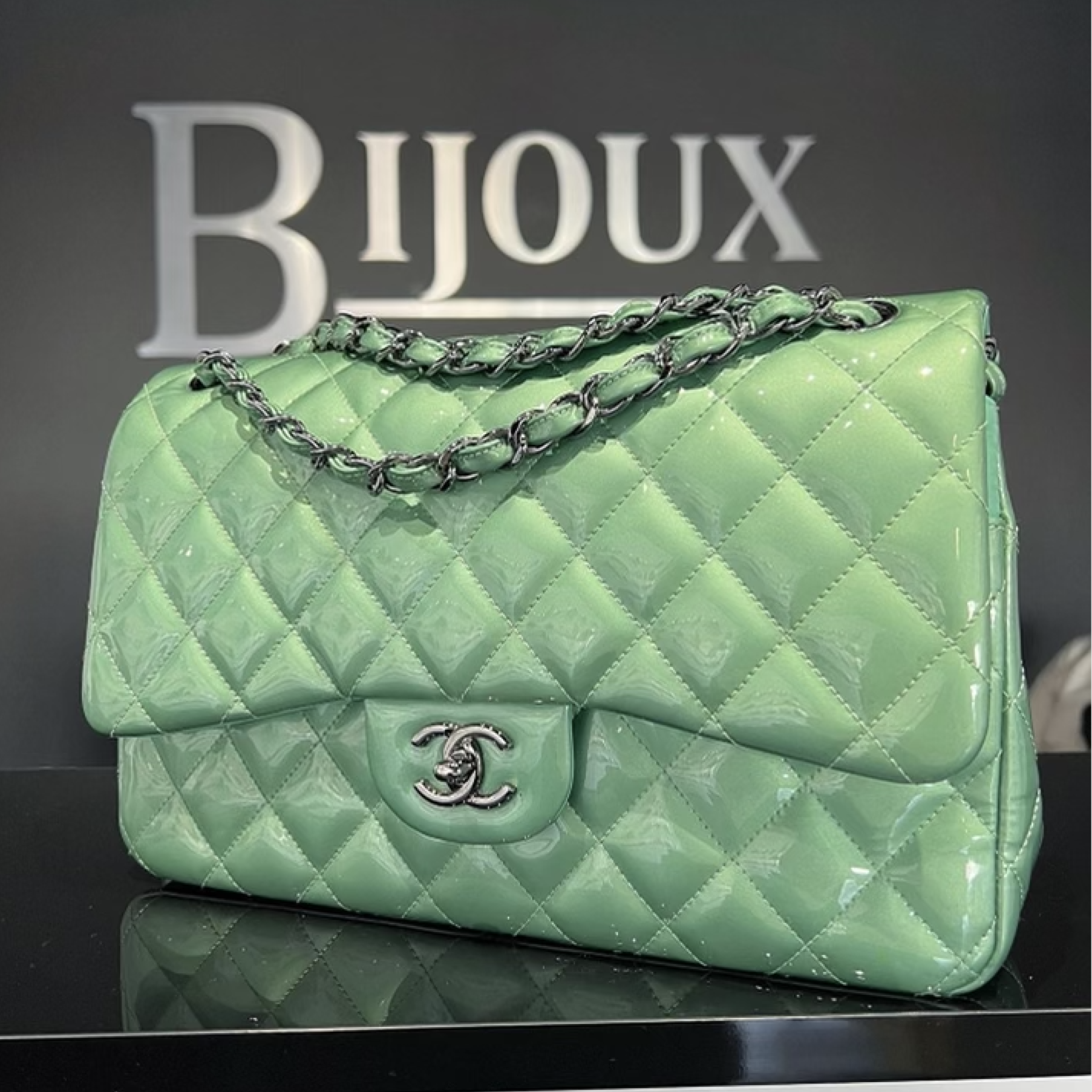 Chanel SOLD - Chanel Green Quilted Patent Leather Classic Jumbo Double Flap Bag