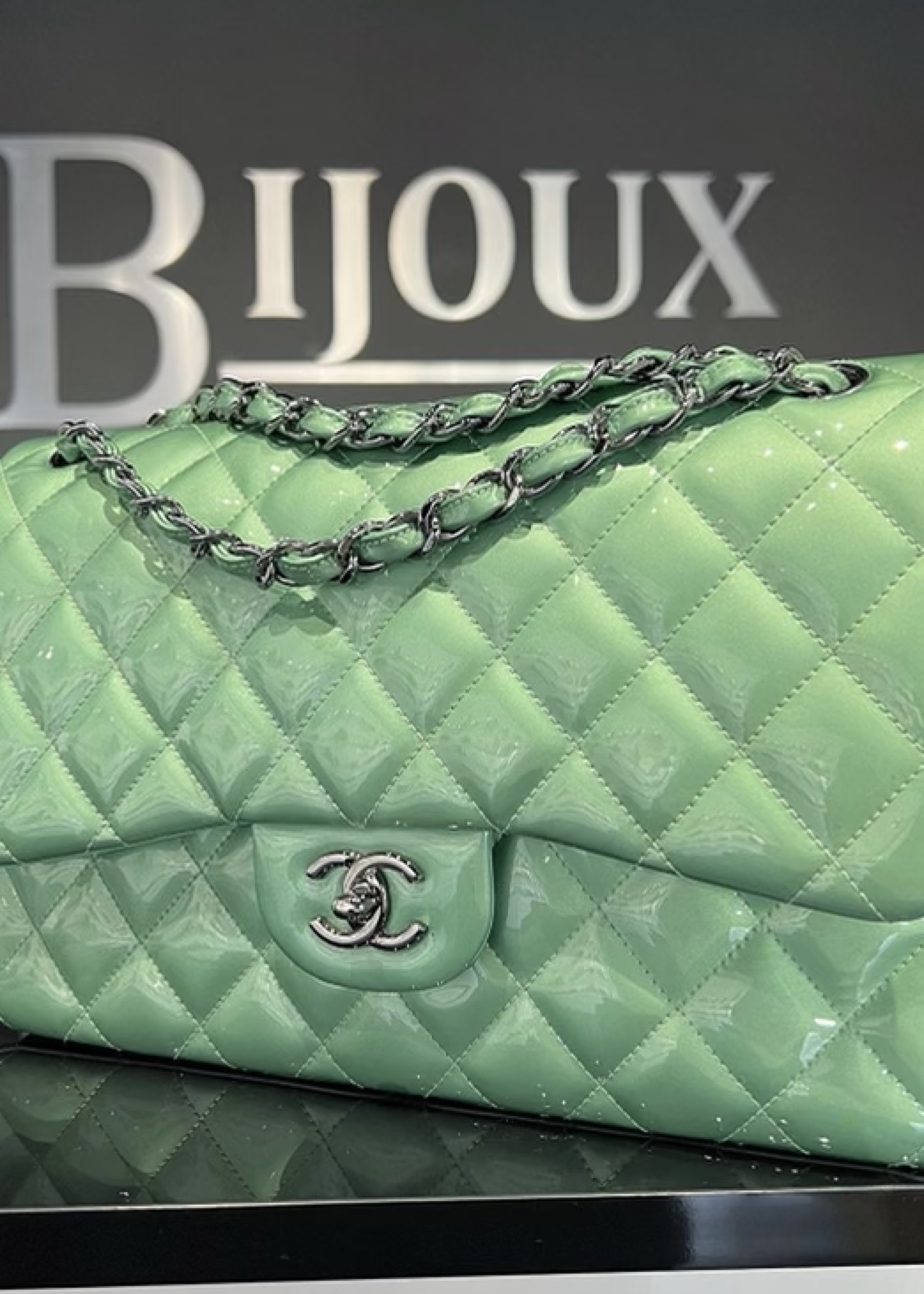 Chanel SOLD - Chanel Green Quilted Patent Leather Classic Jumbo Double Flap Bag
