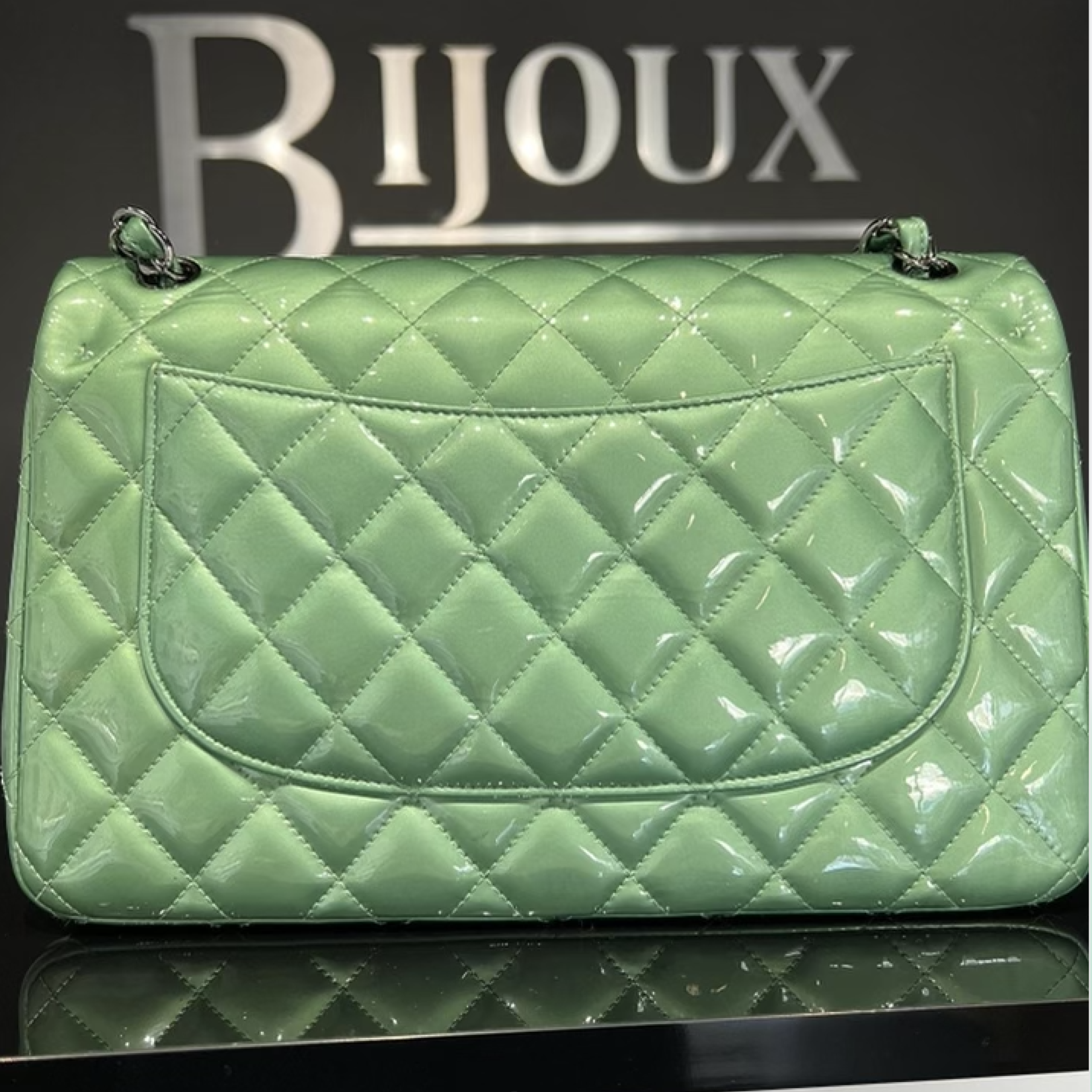 Chanel SOLD - Chanel Green Quilted Patent Leather Classic Jumbo Double Flap Bag