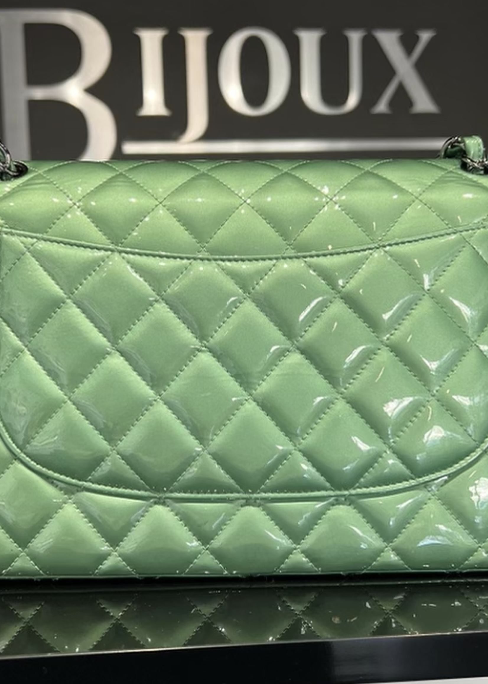 Chanel SOLD - Chanel Green Quilted Patent Leather Classic Jumbo Double Flap Bag