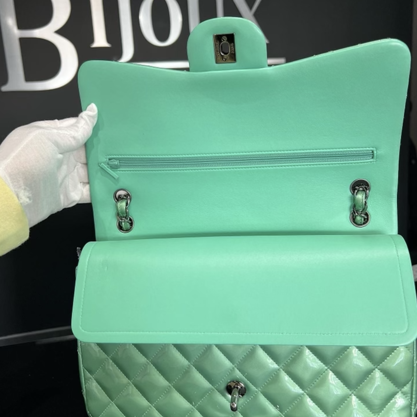 Chanel SOLD - Chanel Green Quilted Patent Leather Classic Jumbo Double Flap Bag