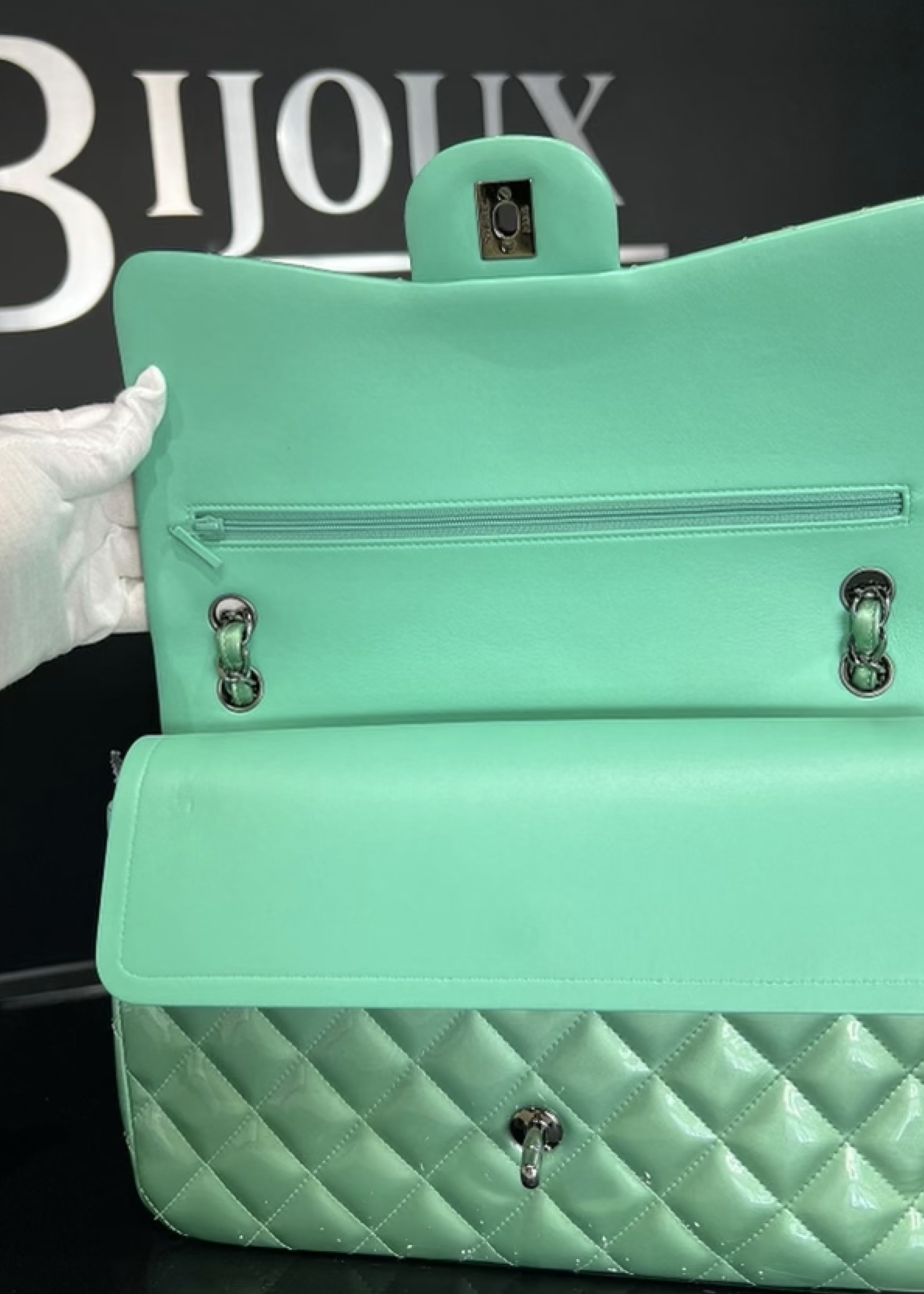 Chanel SOLD - Chanel Green Quilted Patent Leather Classic Jumbo Double Flap Bag