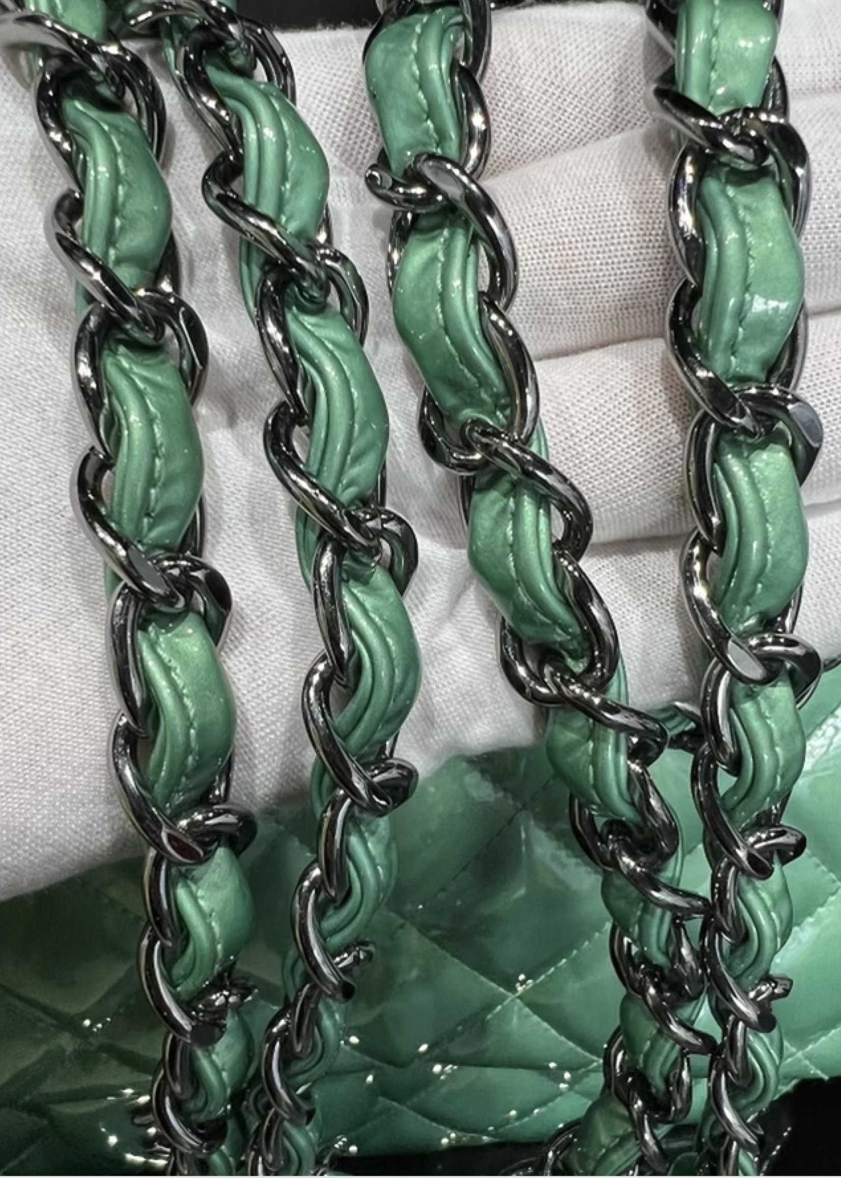 Chanel SOLD - Chanel Green Quilted Patent Leather Classic Jumbo Double Flap Bag