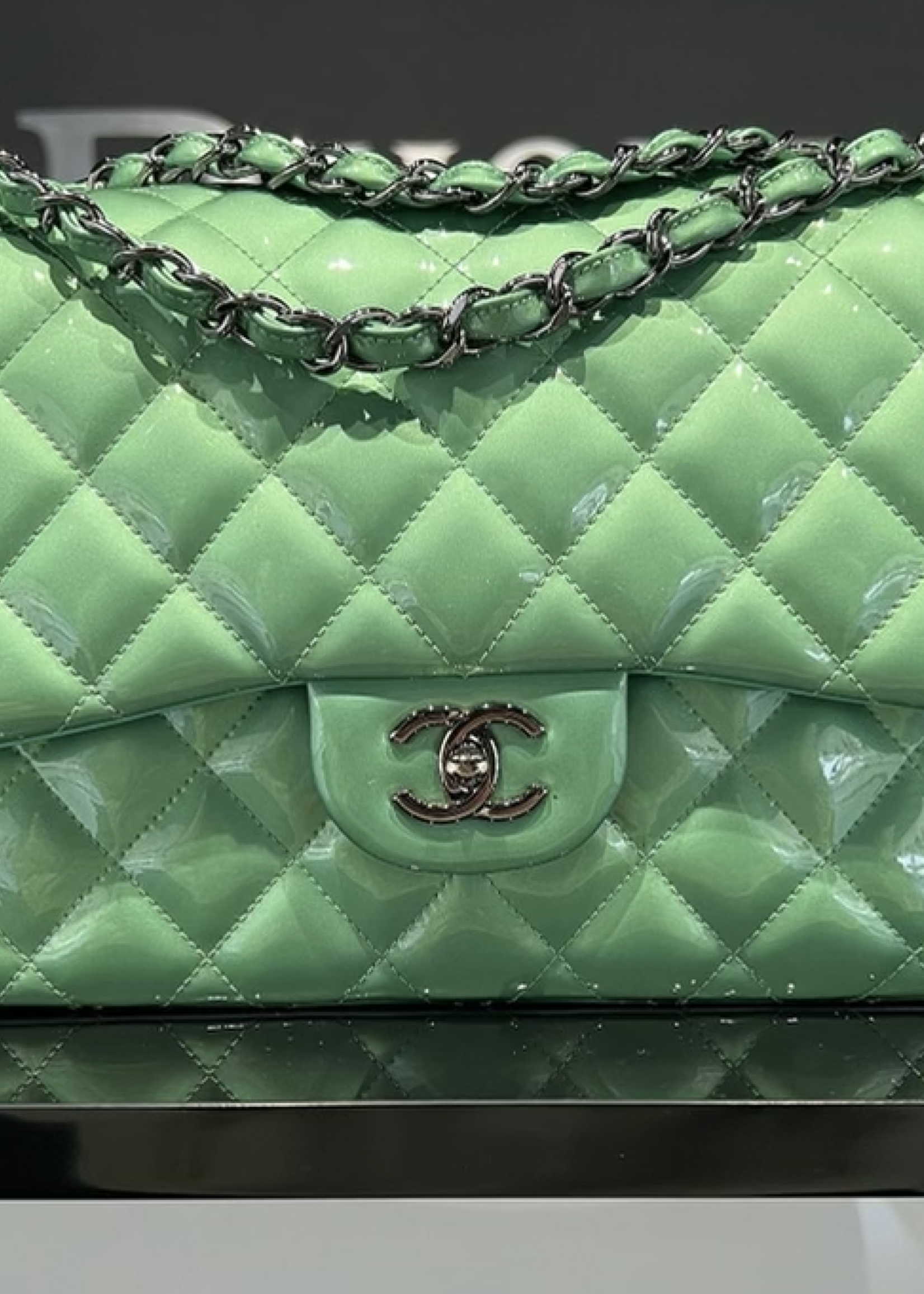 Chanel SOLD - Chanel Green Quilted Patent Leather Classic Jumbo Double Flap Bag