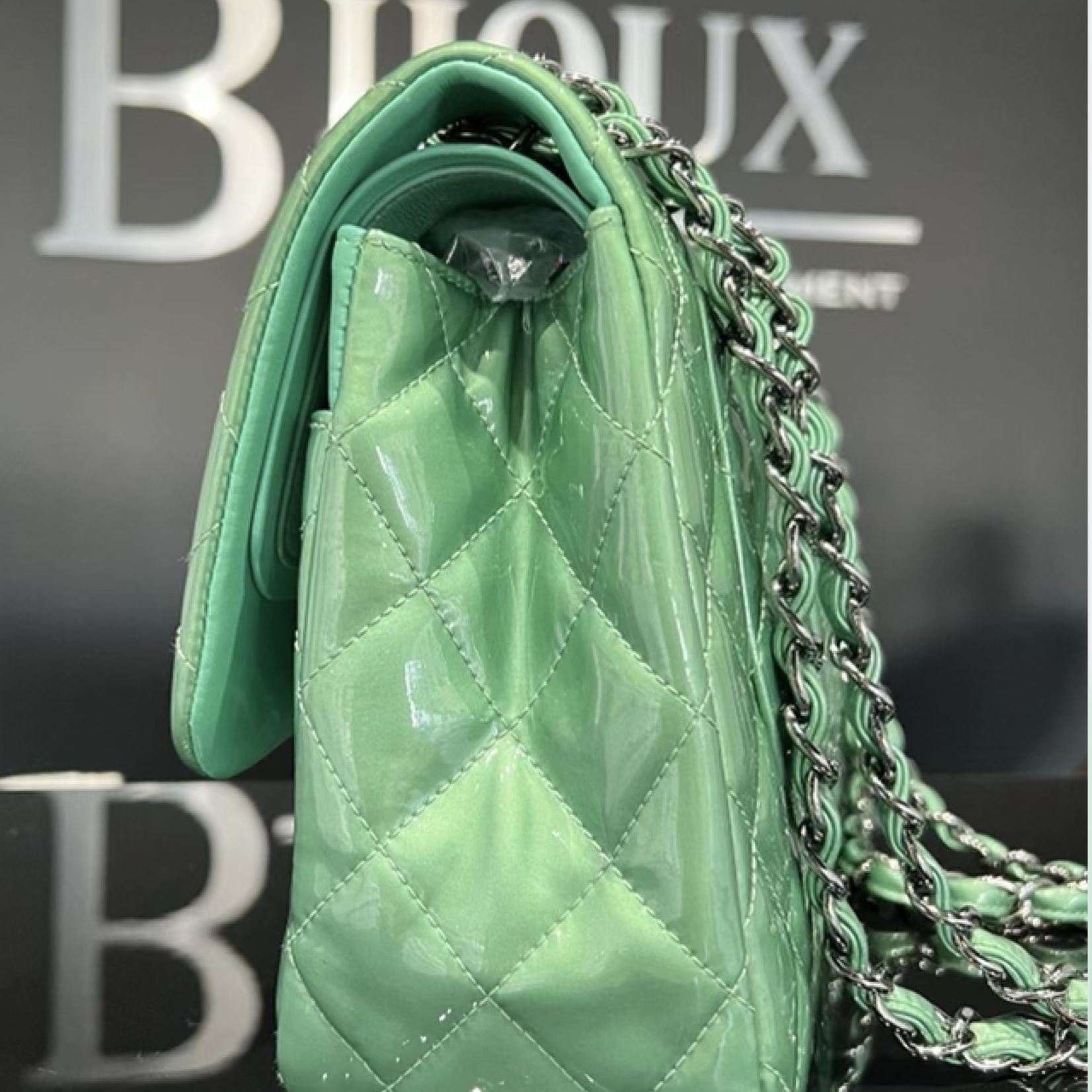Chanel SOLD - Chanel Green Quilted Patent Leather Classic Jumbo Double Flap Bag