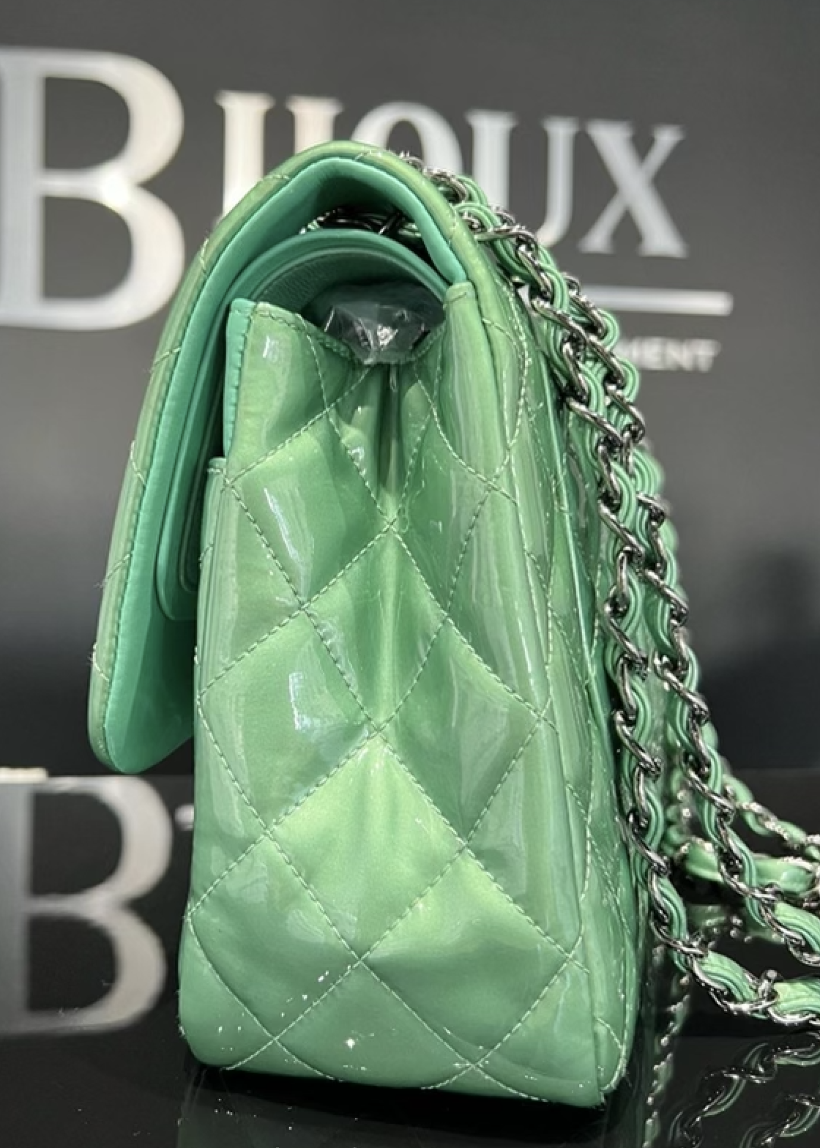 Chanel SOLD - Chanel Green Quilted Patent Leather Classic Jumbo Double Flap Bag