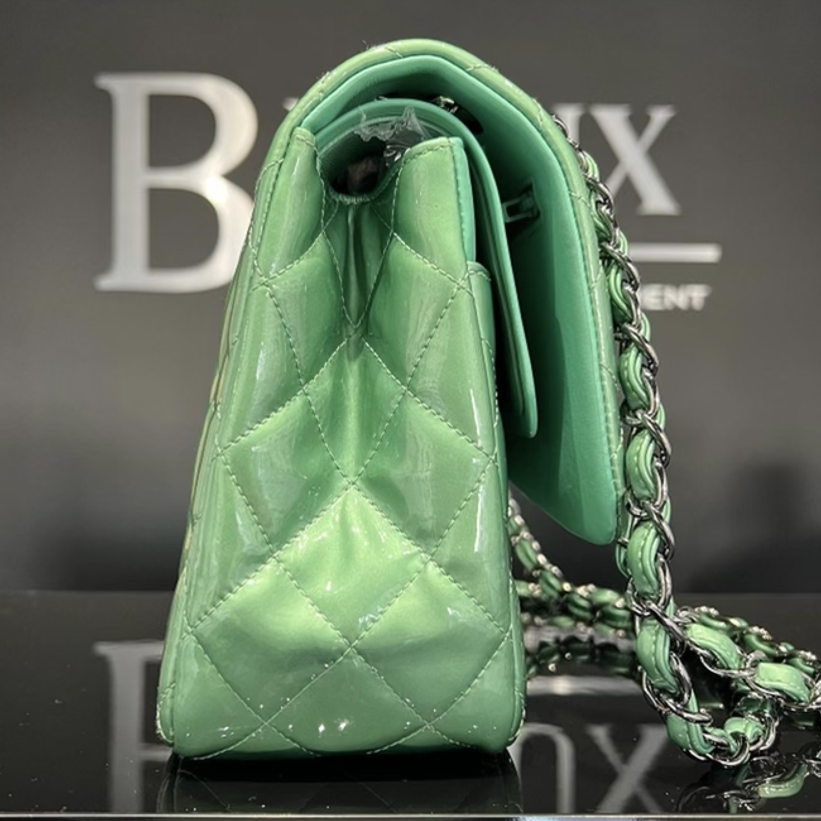Chanel SOLD - Chanel Green Quilted Patent Leather Classic Jumbo Double Flap Bag
