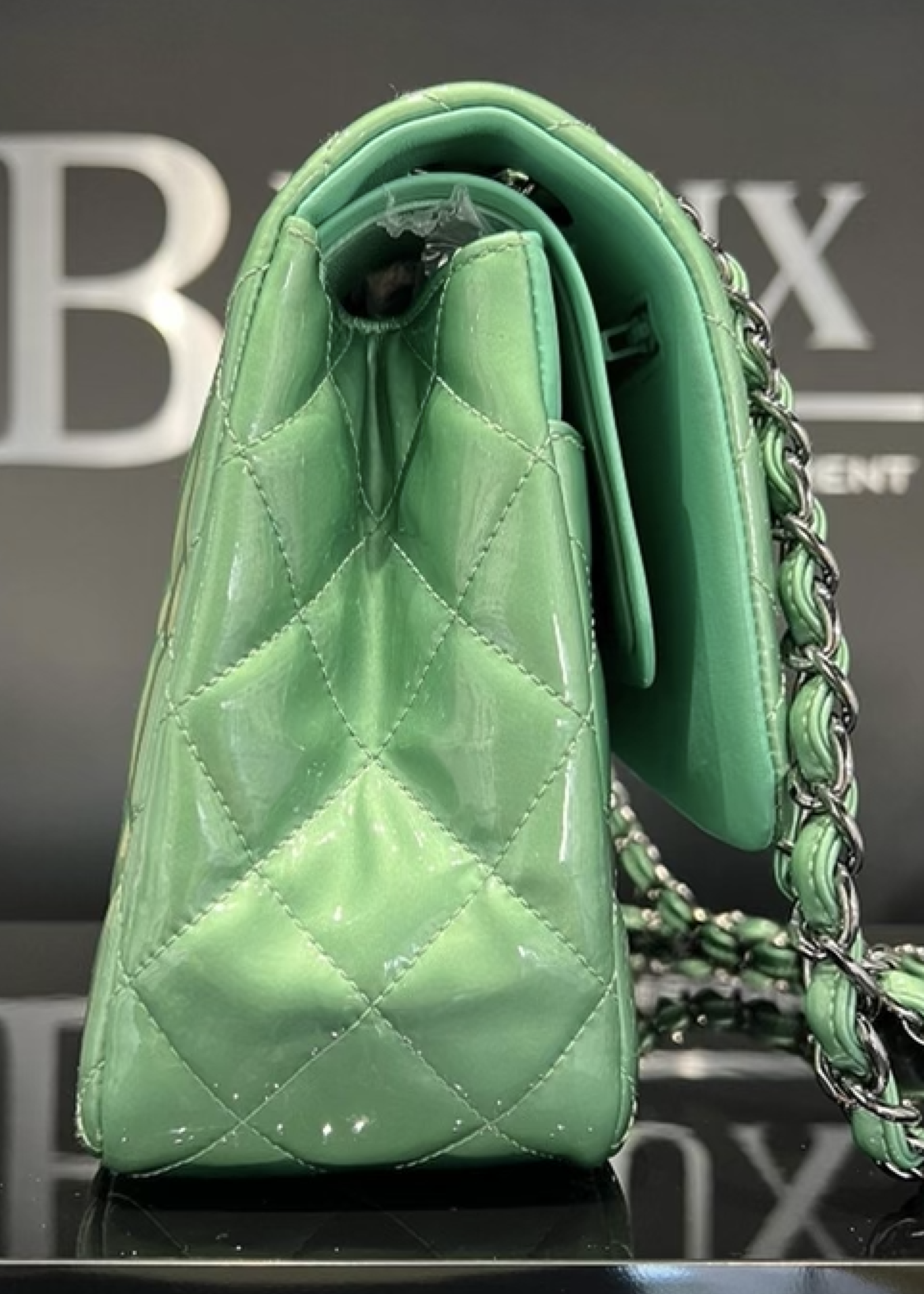 Chanel SOLD - Chanel Green Quilted Patent Leather Classic Jumbo Double Flap Bag