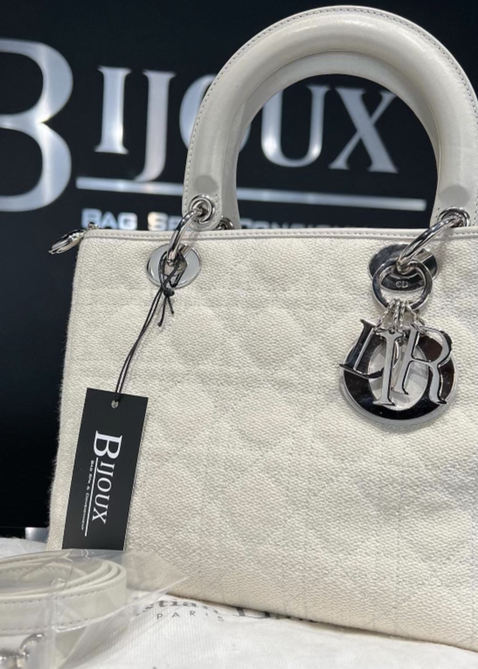 Christian Dior SOLD - Christian Dior Lady Dior Medium Canvas SHW- White