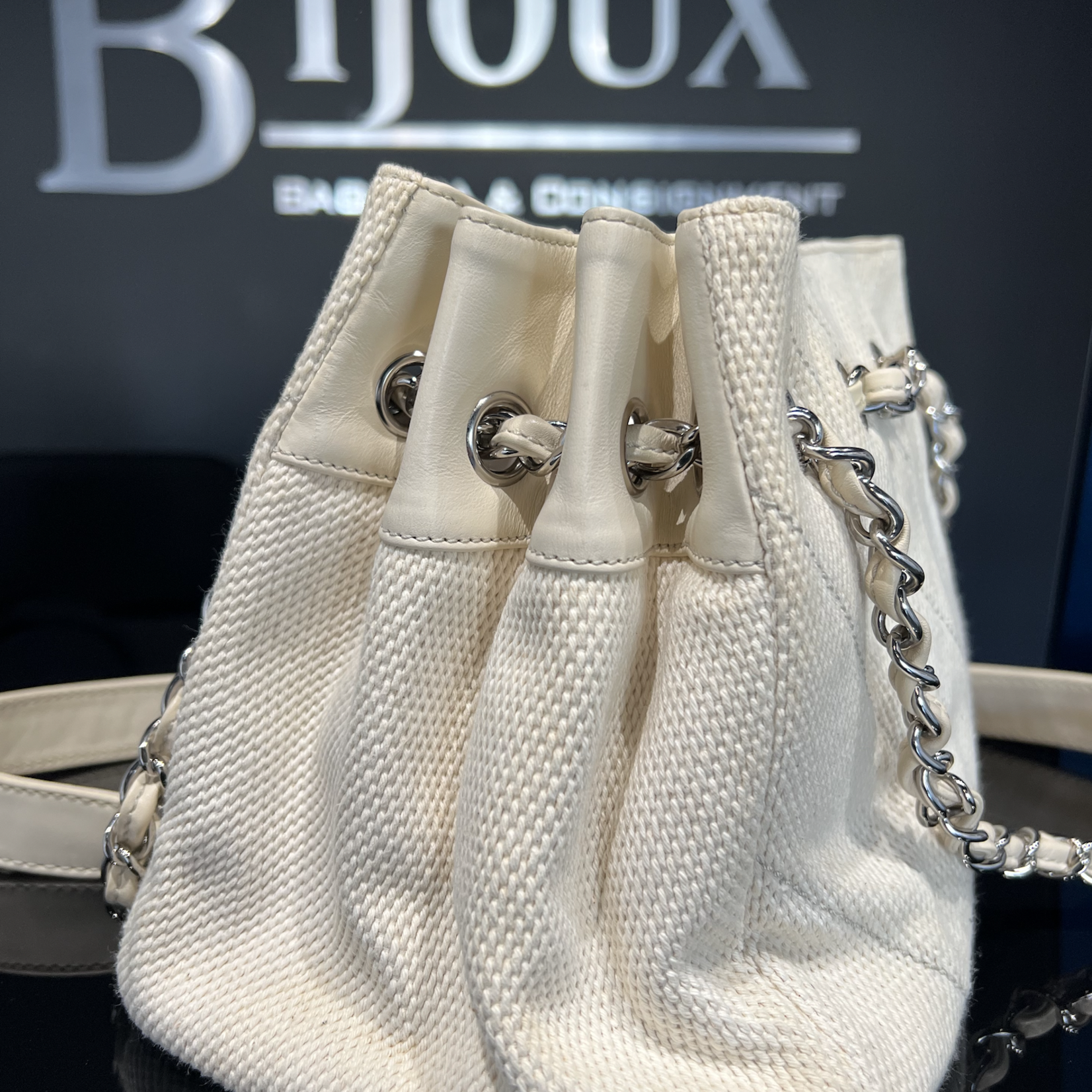 Chanel SOLD - CHANEL CHEVRON STITCH WHITE CANVAS TOTE BAG