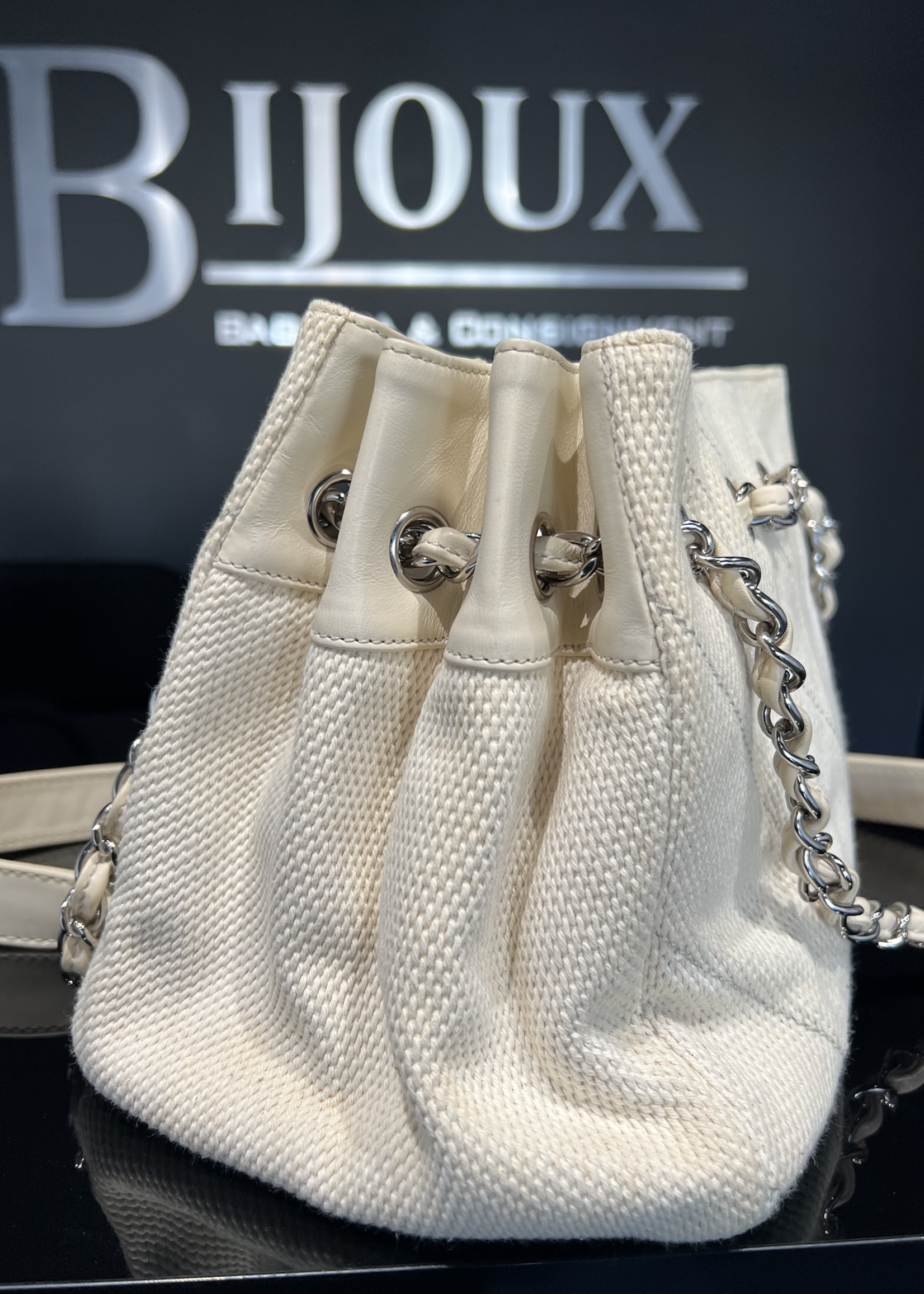 Chanel SOLD - CHANEL CHEVRON STITCH WHITE CANVAS TOTE BAG