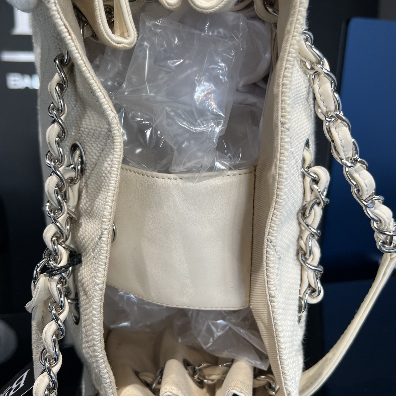 Chanel SOLD - CHANEL CHEVRON STITCH WHITE CANVAS TOTE BAG