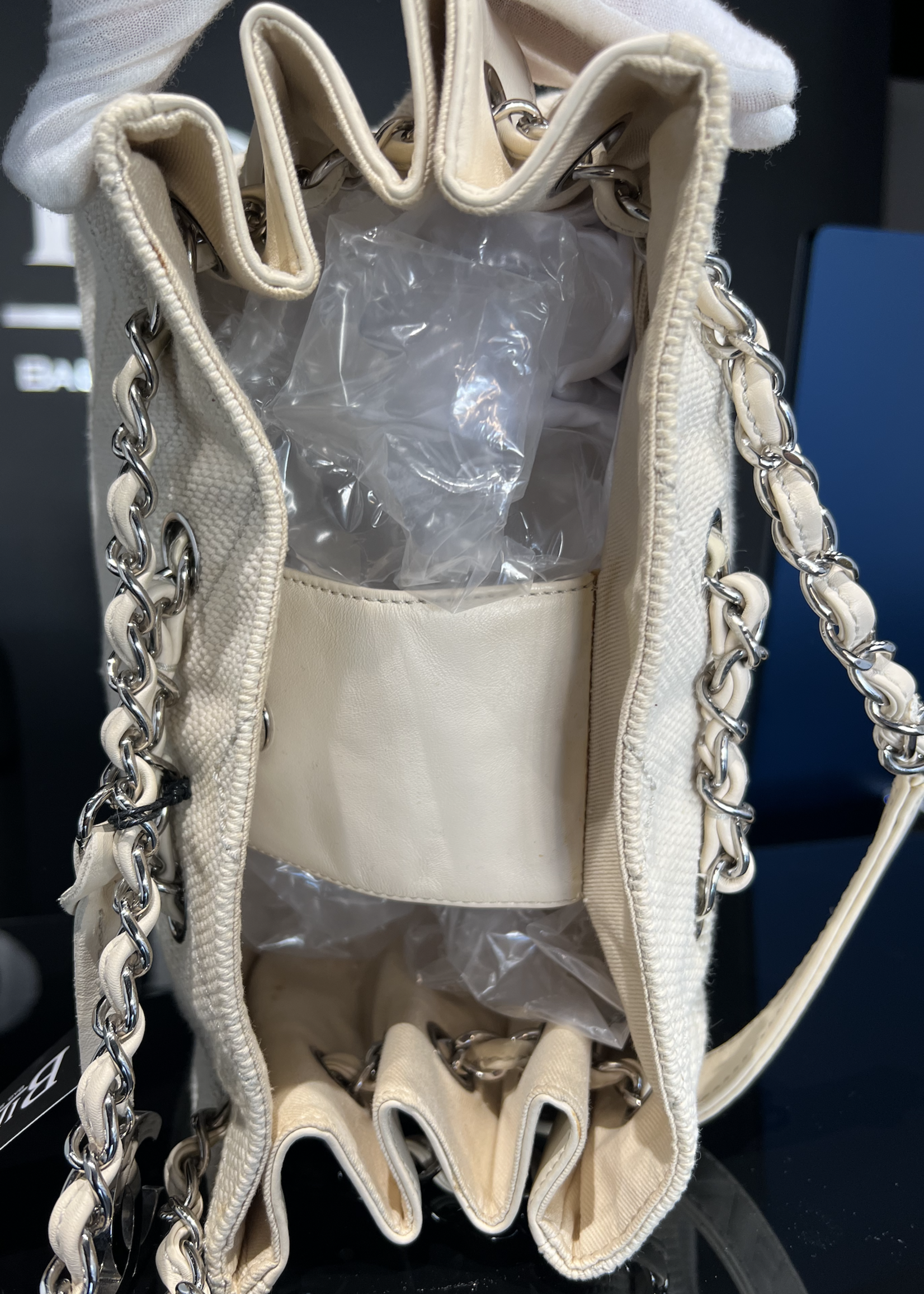 Chanel SOLD - CHANEL CHEVRON STITCH WHITE CANVAS TOTE BAG