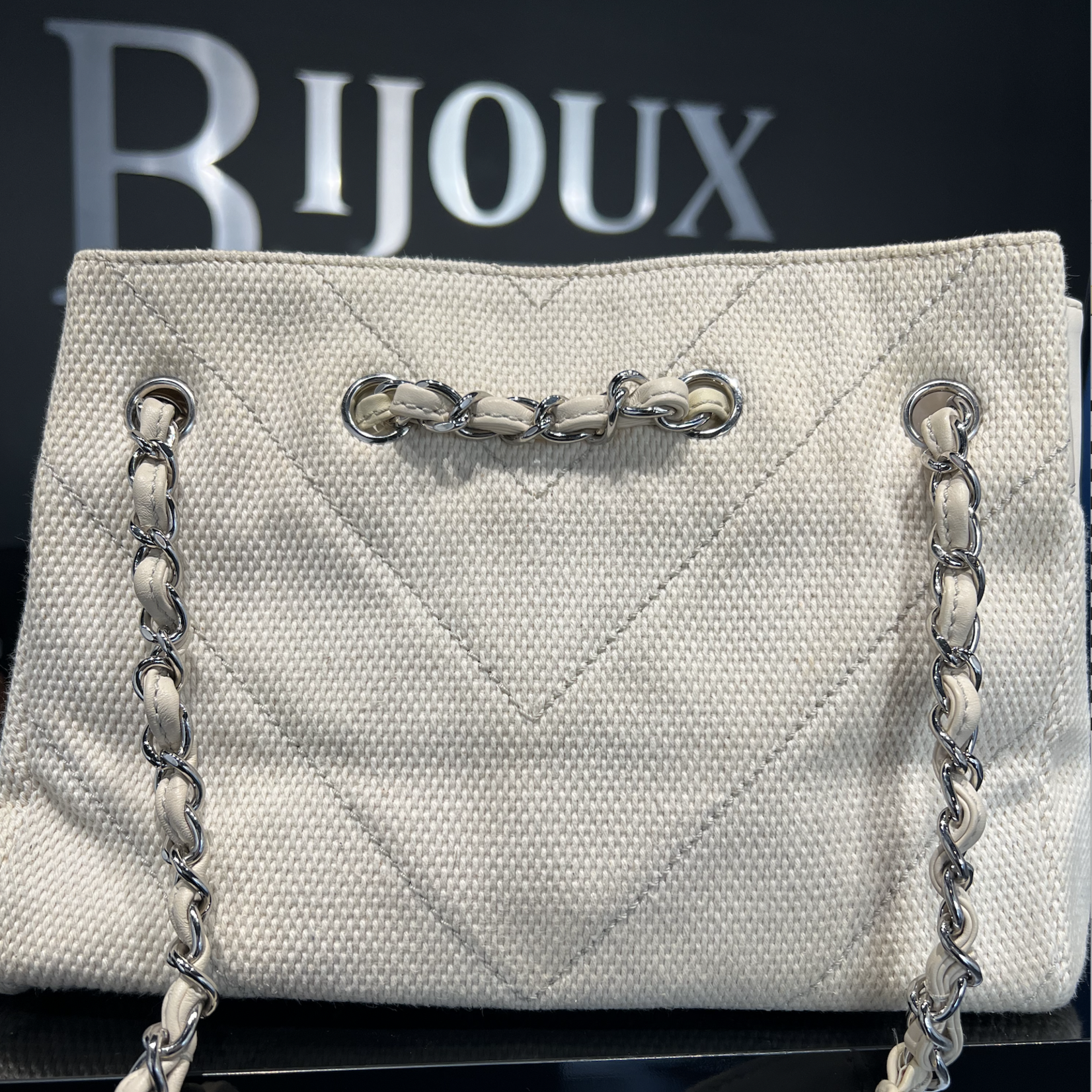 Chanel SOLD - CHANEL CHEVRON STITCH WHITE CANVAS TOTE BAG