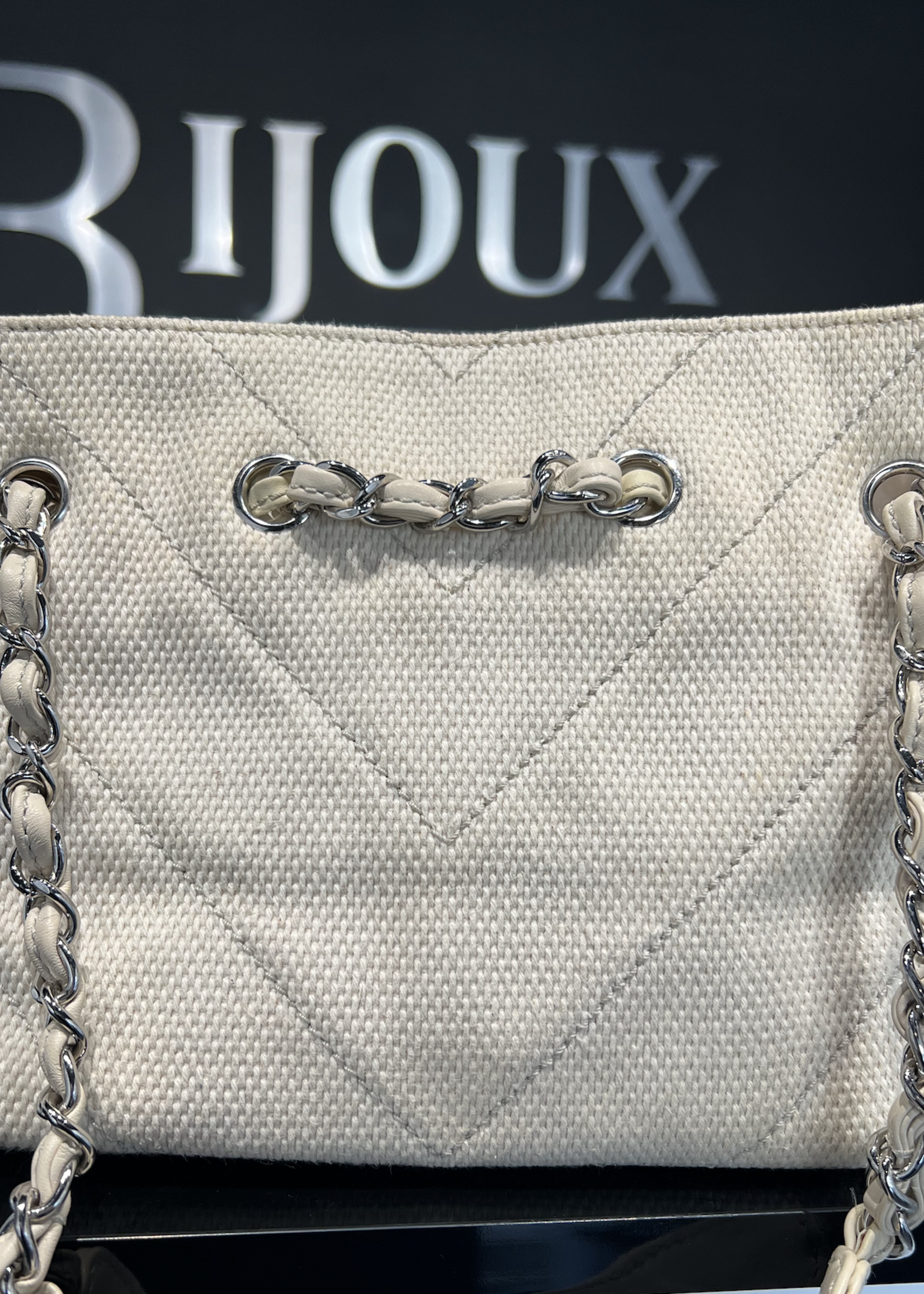 Chanel SOLD - CHANEL CHEVRON STITCH WHITE CANVAS TOTE BAG