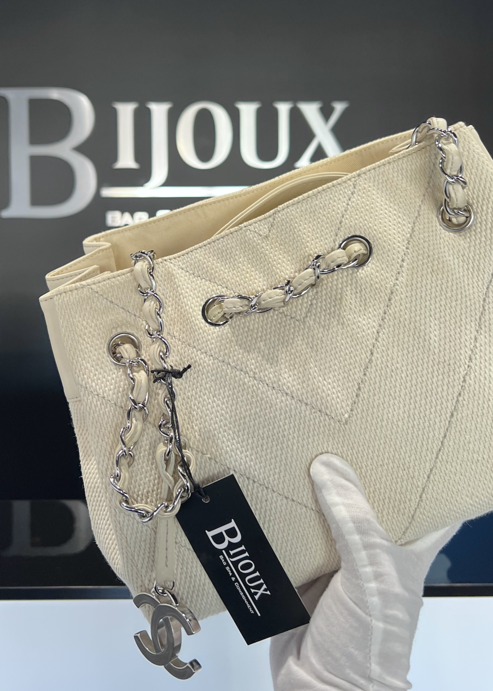Chanel SOLD - CHANEL CHEVRON STITCH WHITE CANVAS TOTE BAG