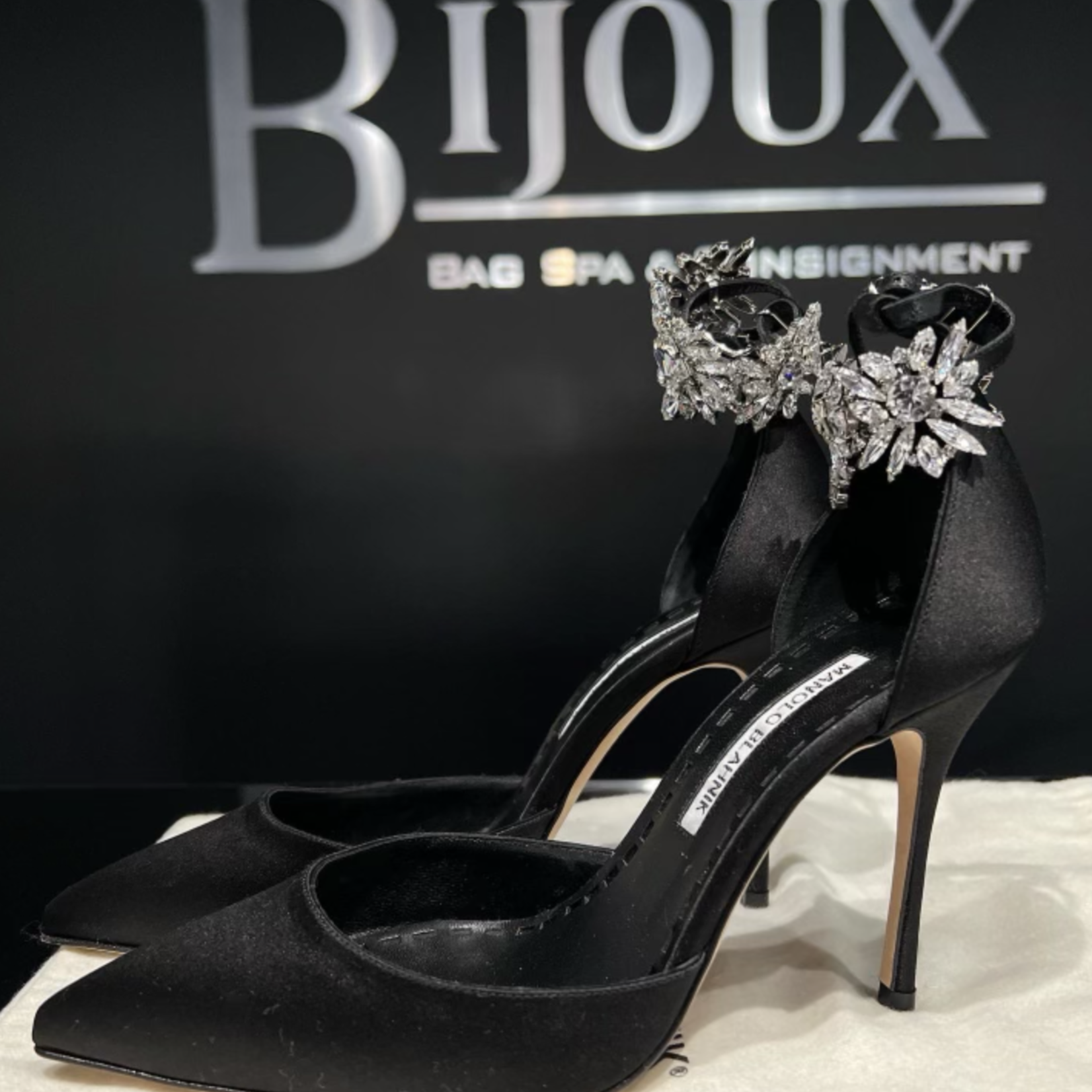 Manolo Blahnik SOLD - Manolo Blahnik Black Satin Sicariata Ankle 38