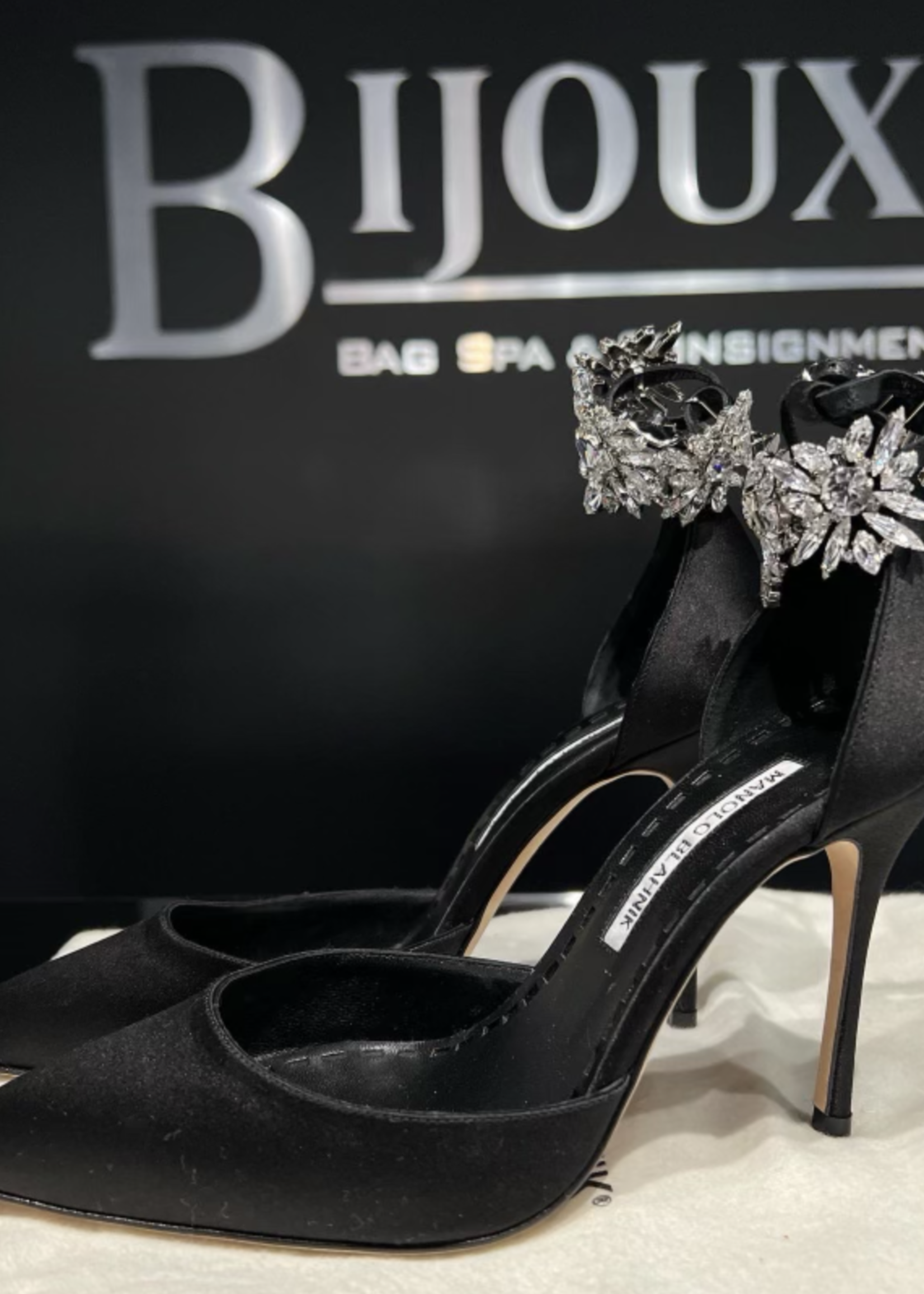 Manolo Blahnik SOLD - Manolo Blahnik Black Satin Sicariata Ankle 38