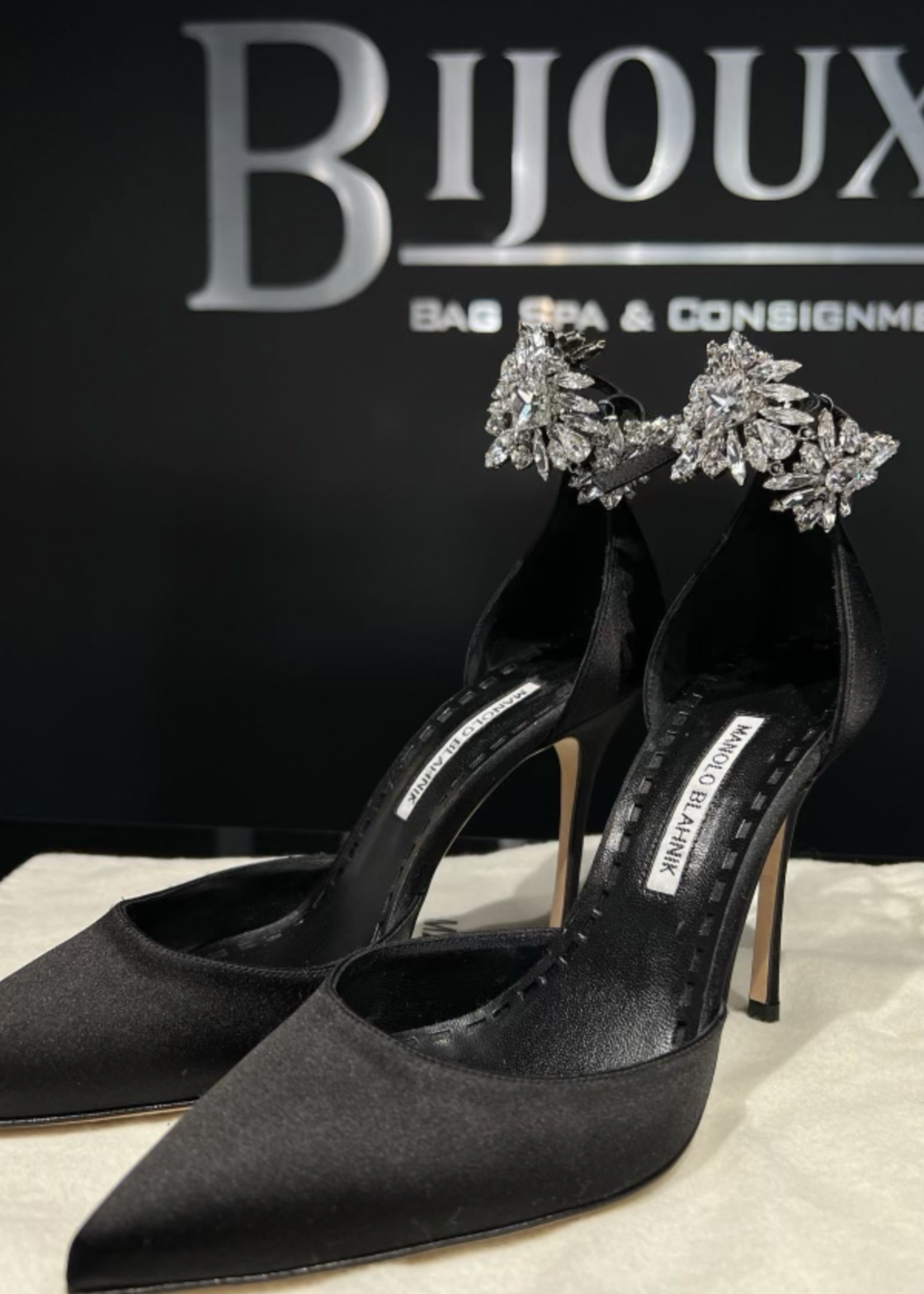 Manolo Blahnik SOLD - Manolo Blahnik Black Satin Sicariata Ankle 38