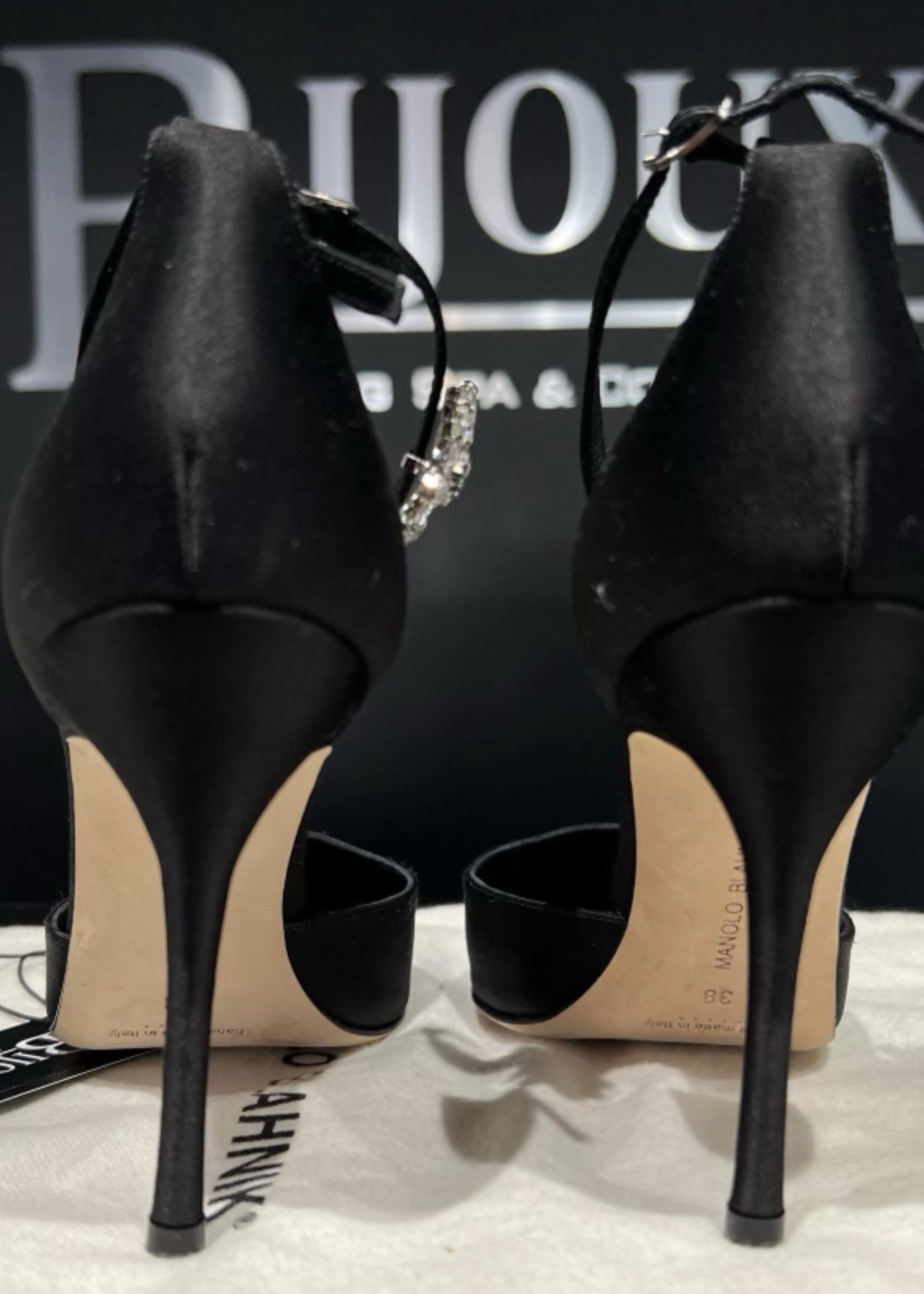 Manolo Blahnik SOLD - Manolo Blahnik Black Satin Sicariata Ankle 38