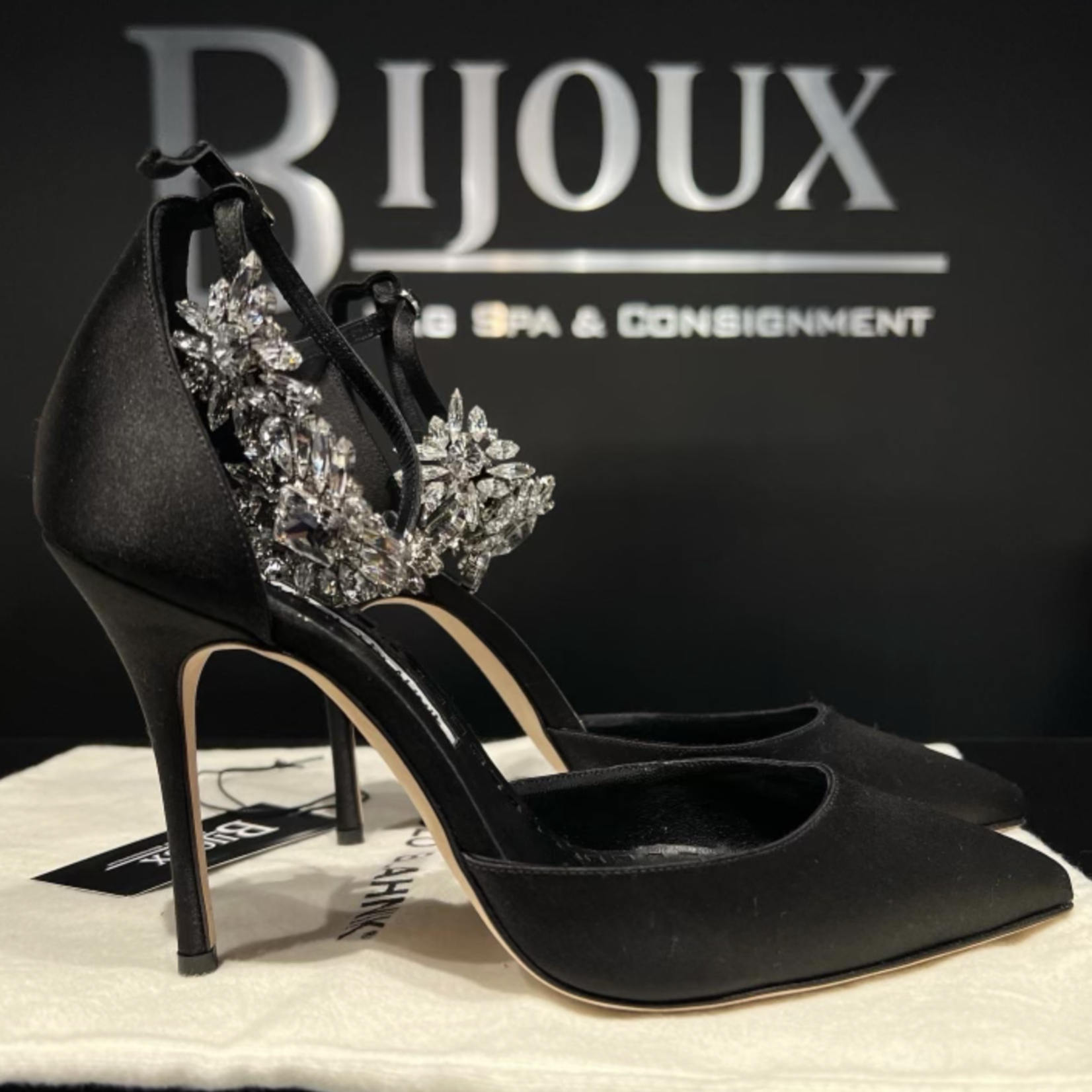 Manolo Blahnik SOLD - Manolo Blahnik Black Satin Sicariata Ankle 38