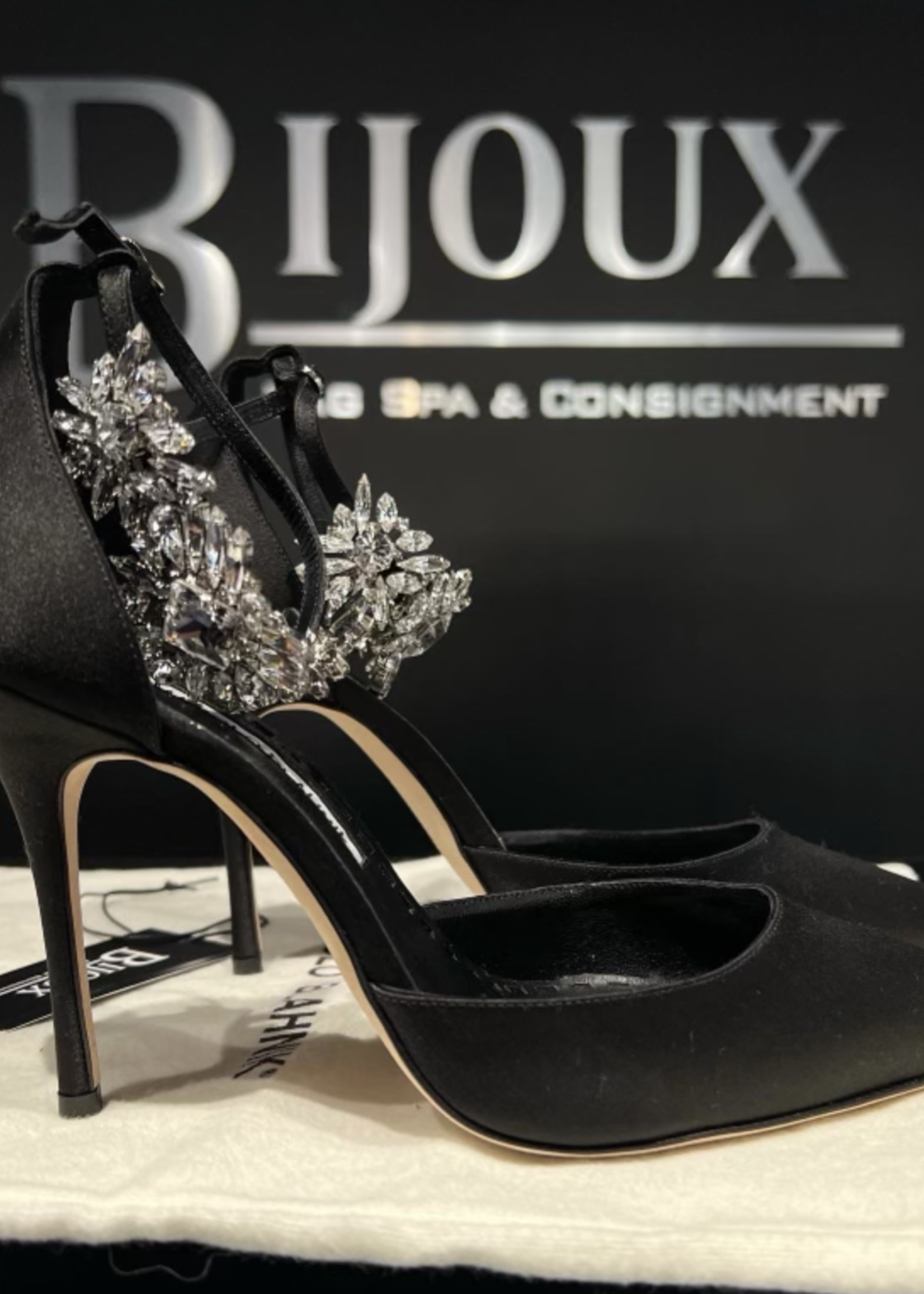 Manolo Blahnik SOLD - Manolo Blahnik Black Satin Sicariata Ankle 38