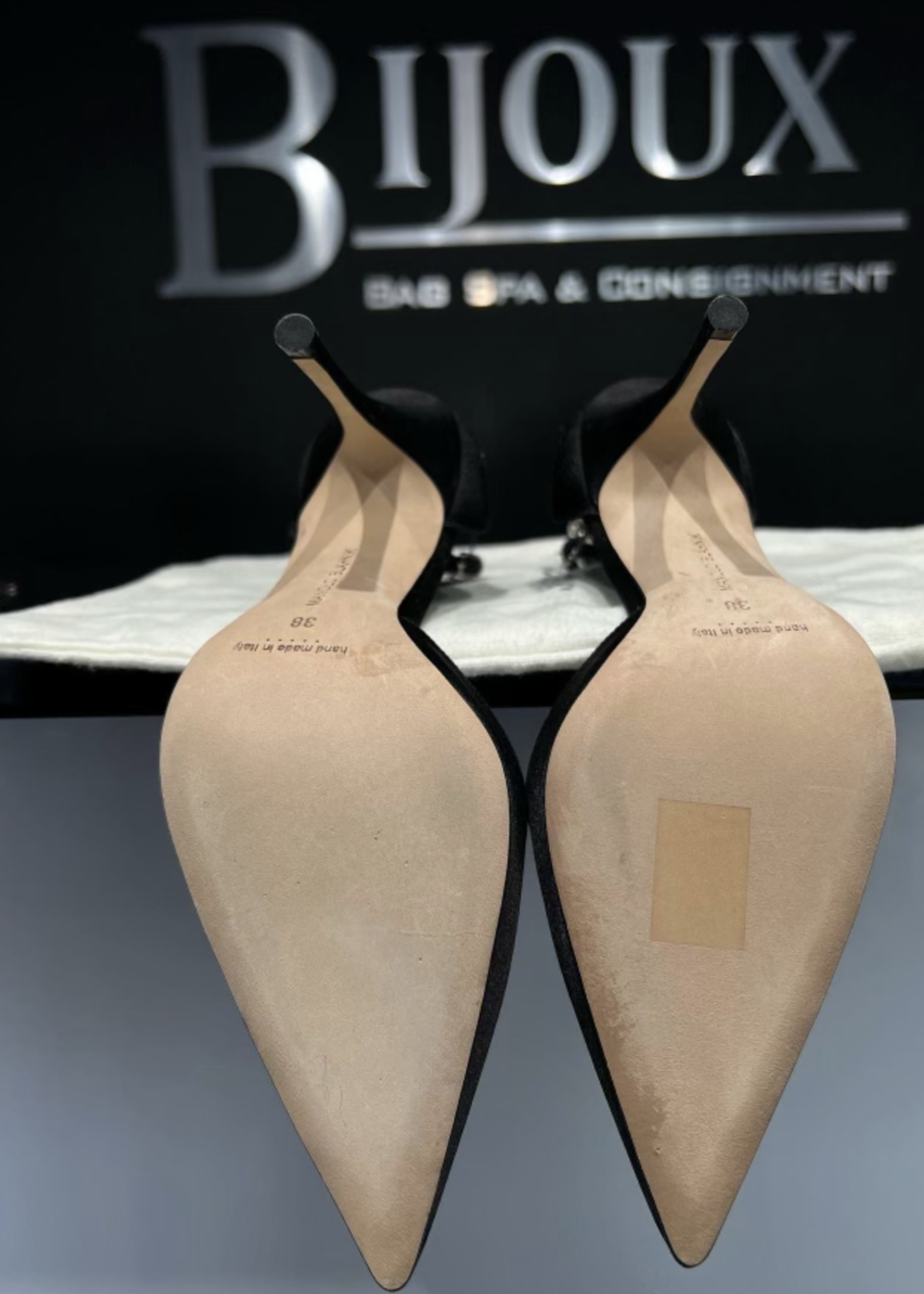 Manolo Blahnik SOLD - Manolo Blahnik Black Satin Sicariata Ankle 38