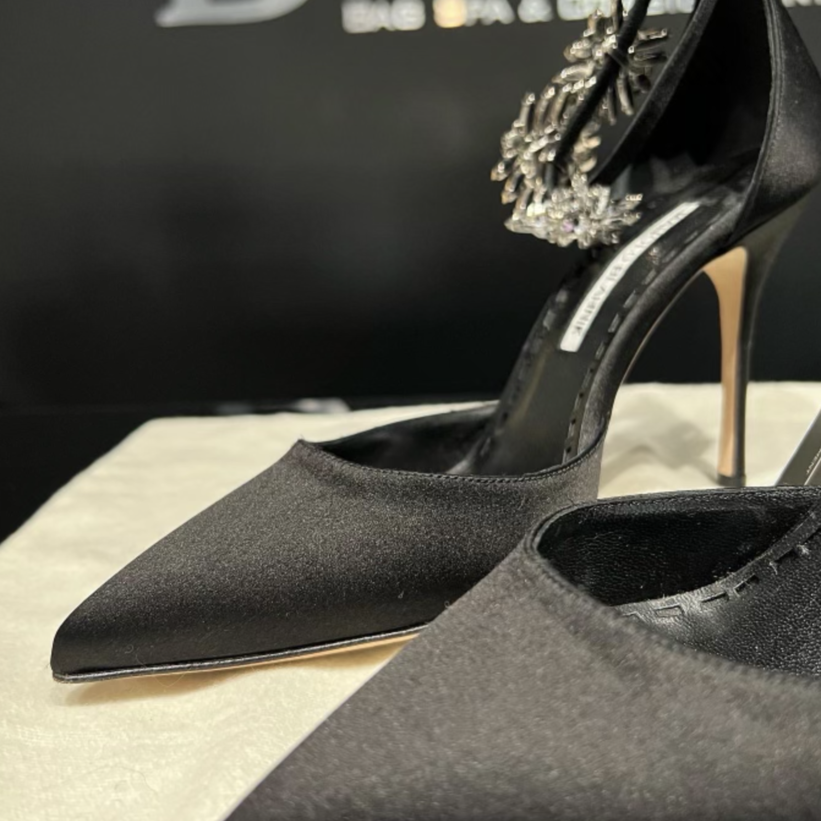 Manolo Blahnik SOLD - Manolo Blahnik Black Satin Sicariata Ankle 38