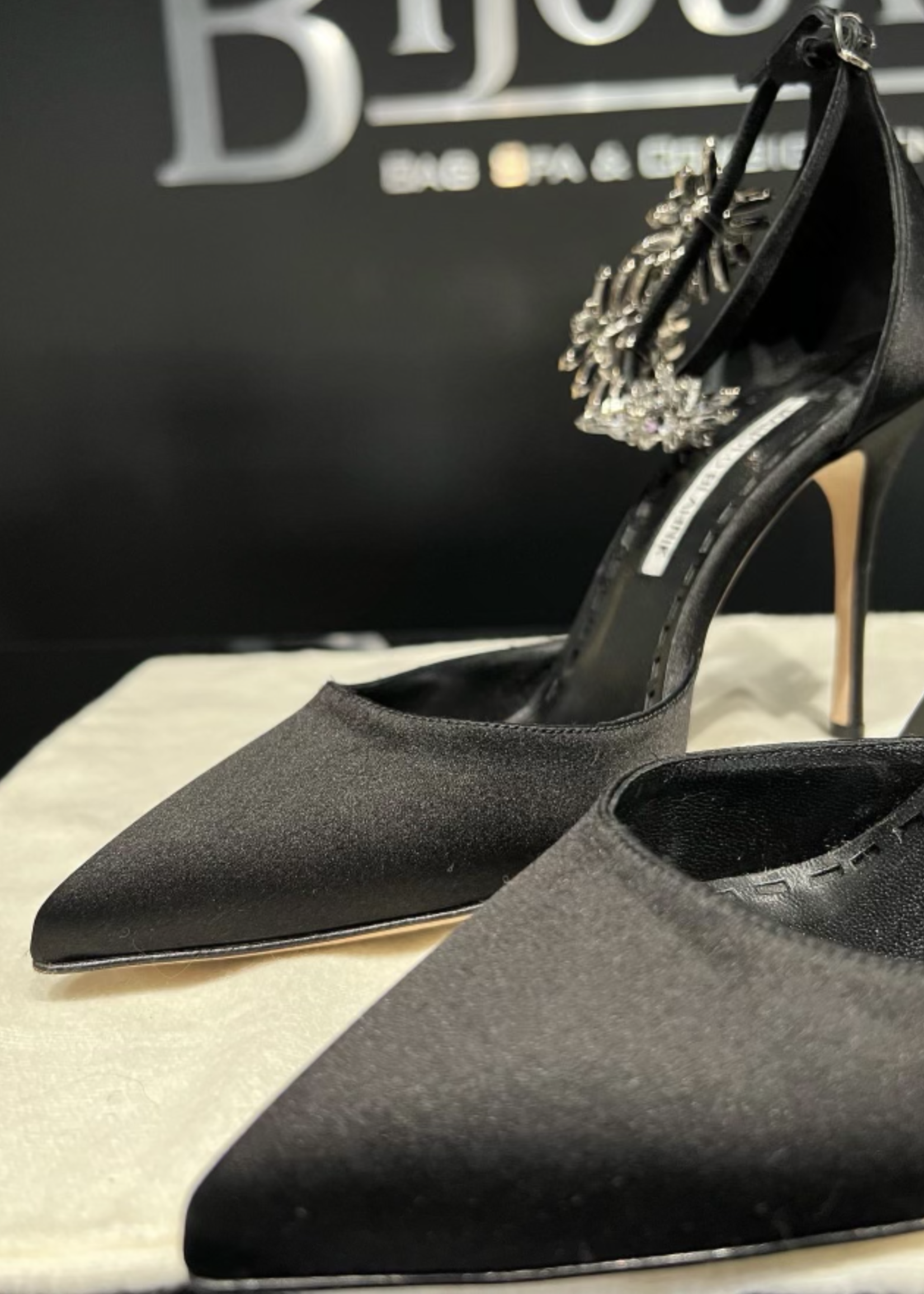 Manolo Blahnik SOLD - Manolo Blahnik Black Satin Sicariata Ankle 38