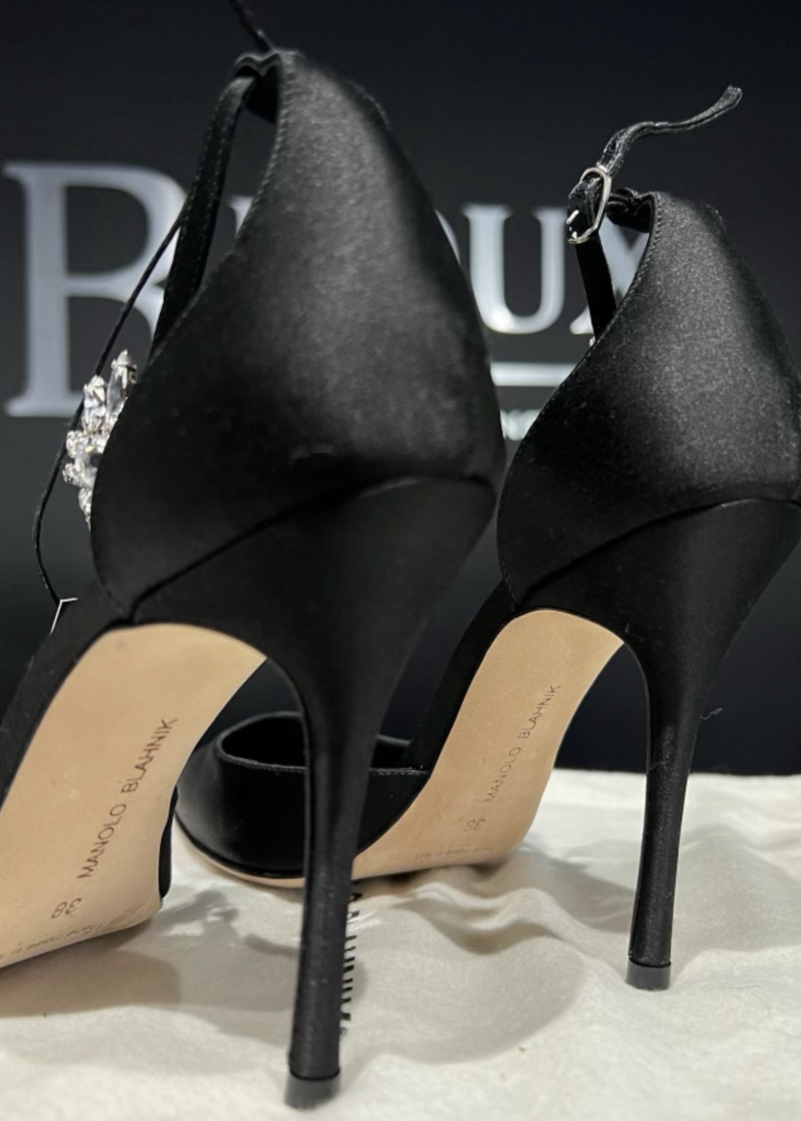 Manolo Blahnik SOLD - Manolo Blahnik Black Satin Sicariata Ankle 38