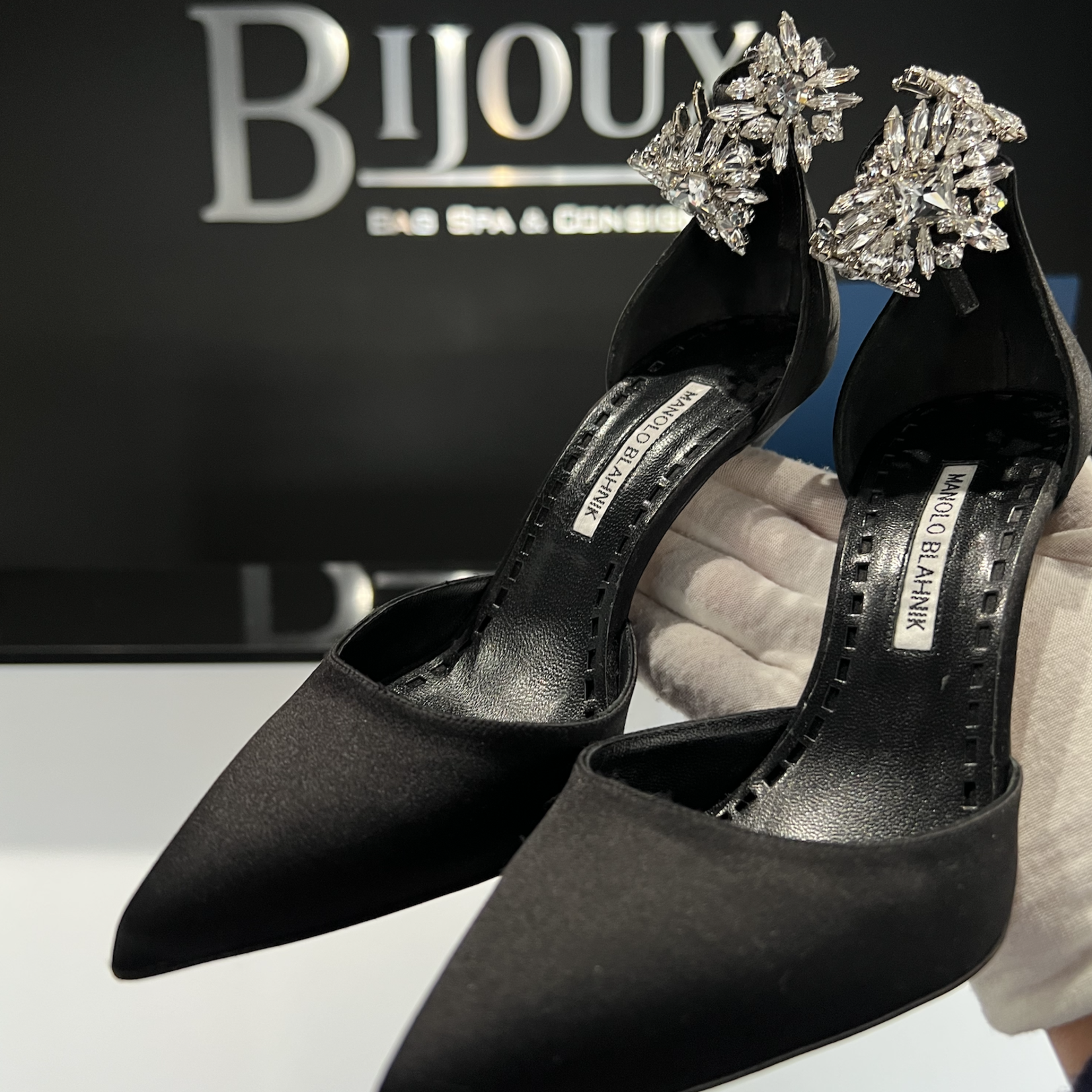 Manolo Blahnik SOLD - Manolo Blahnik Black Satin Sicariata Ankle 38