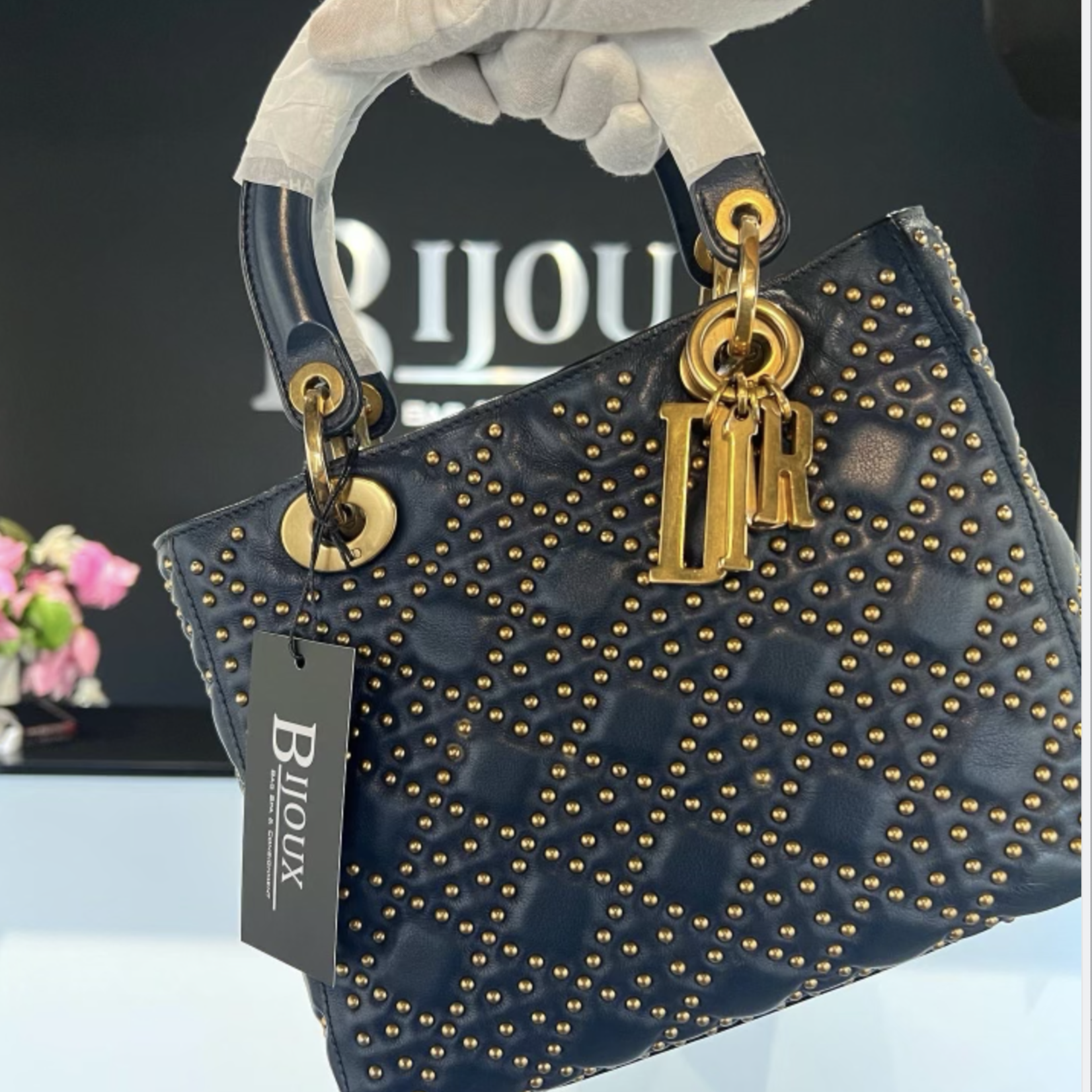Christian Dior SOLD - Christian Dior Supple Studded Medium Lady- Navy