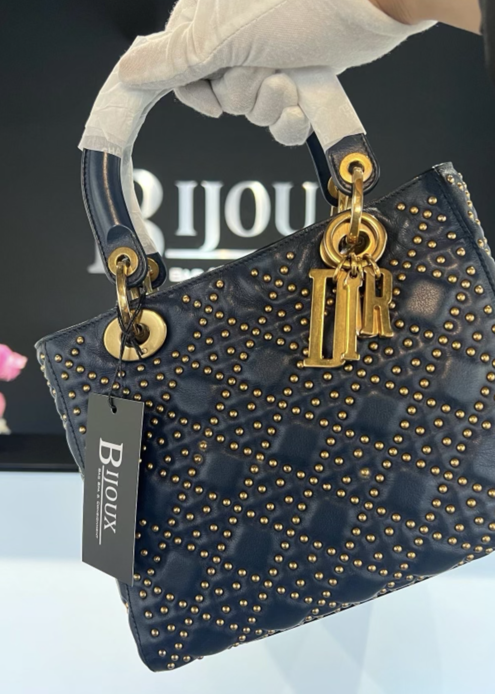 Christian Dior SOLD - Christian Dior Supple Studded Medium Lady- Navy