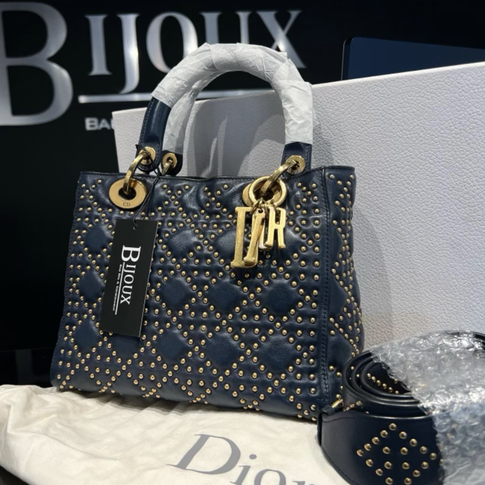 Christian Dior SOLD - Christian Dior Supple Studded Medium Lady- Navy