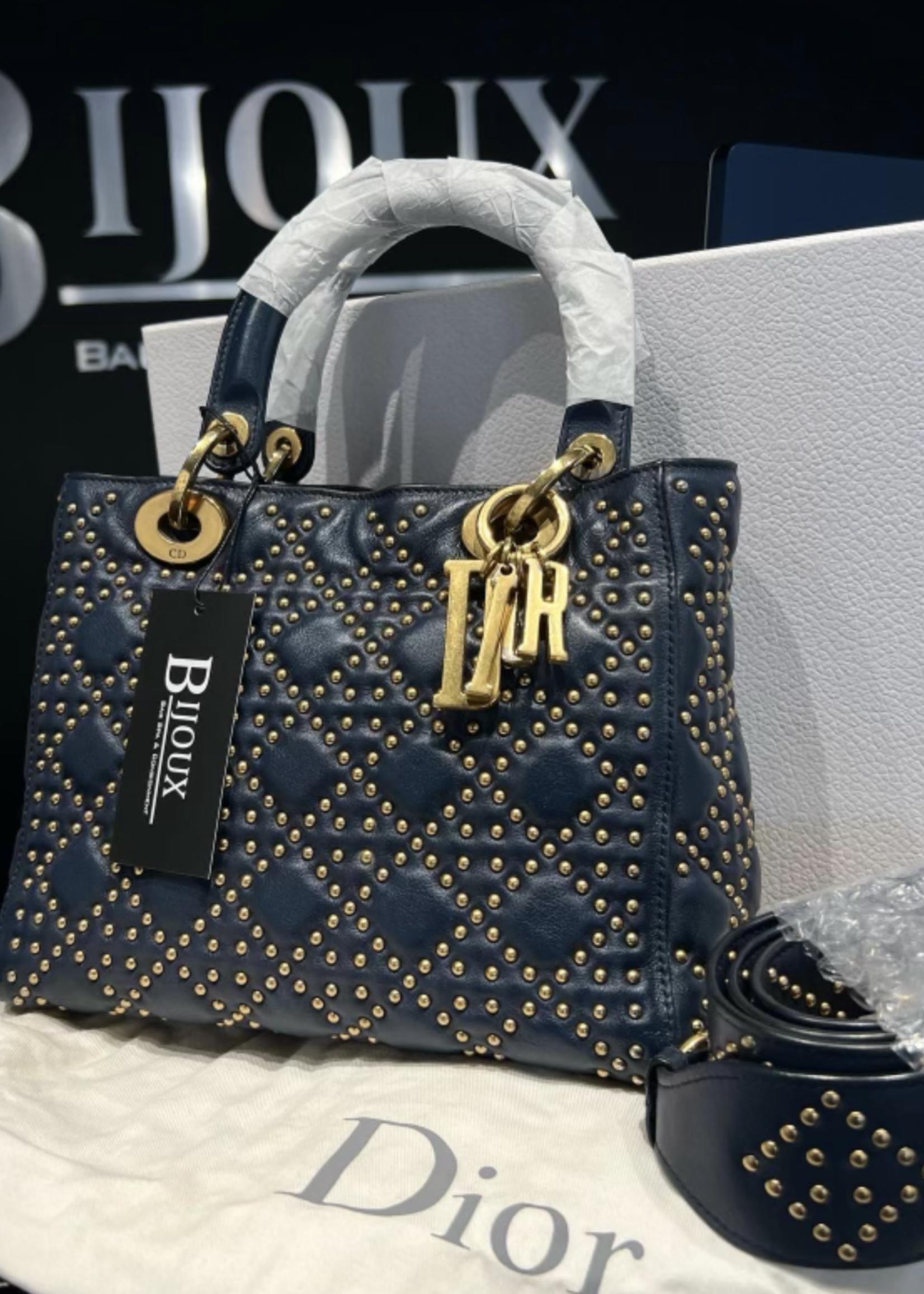 Christian Dior SOLD - Christian Dior Supple Studded Medium Lady- Navy