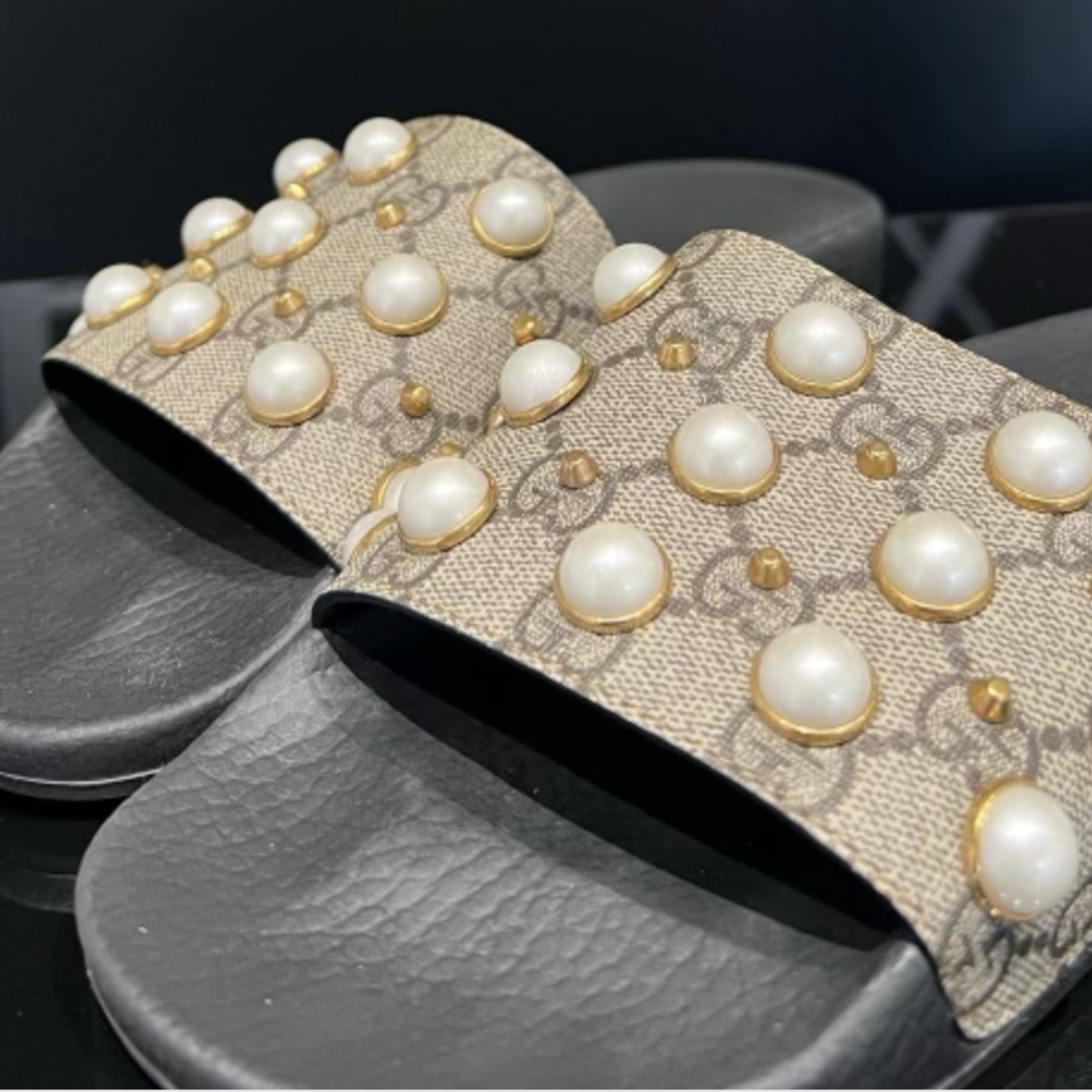 Gucci SOLD - Gucci Pearl Monogram Slides- 38