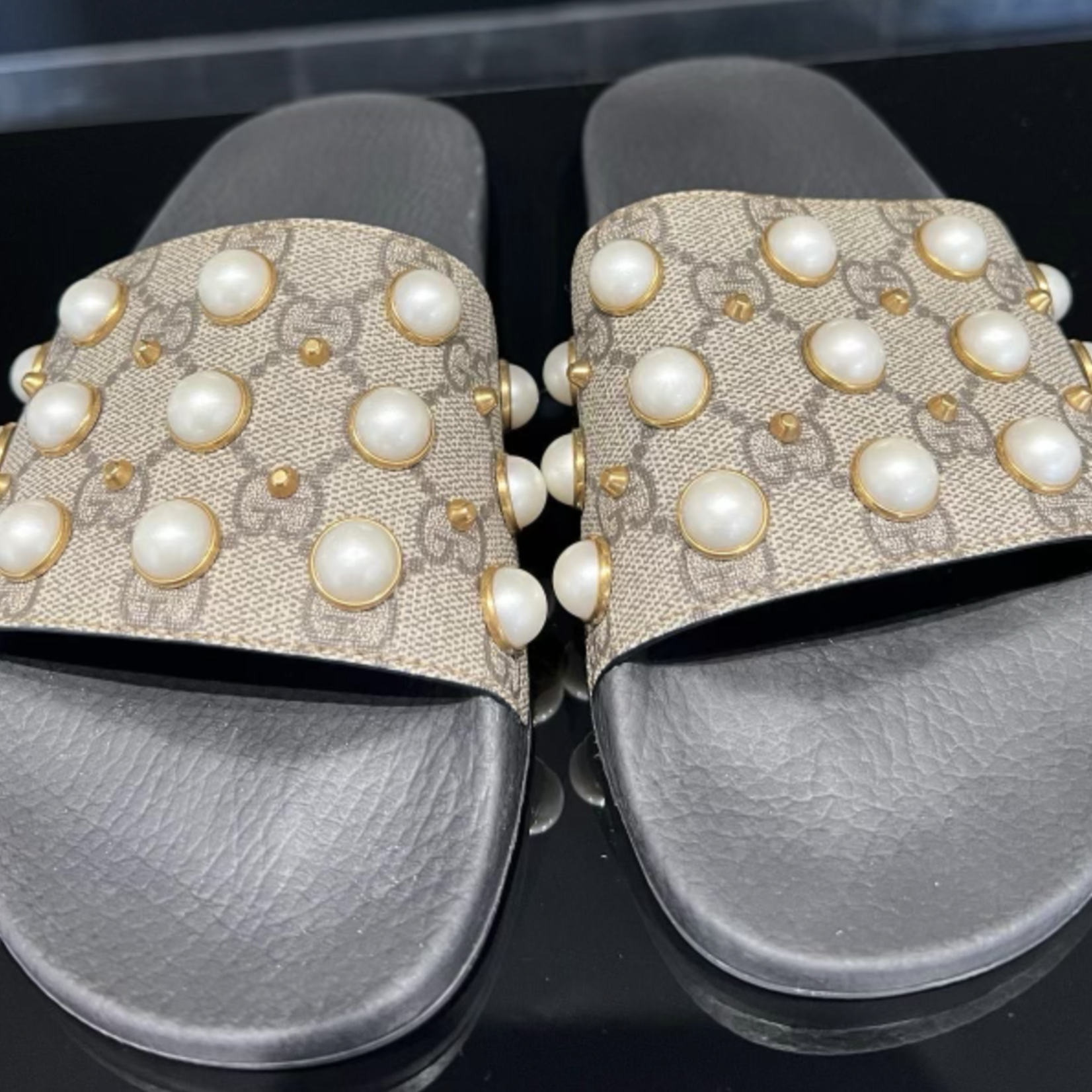 Gucci SOLD - Gucci Pearl Monogram Slides- 38