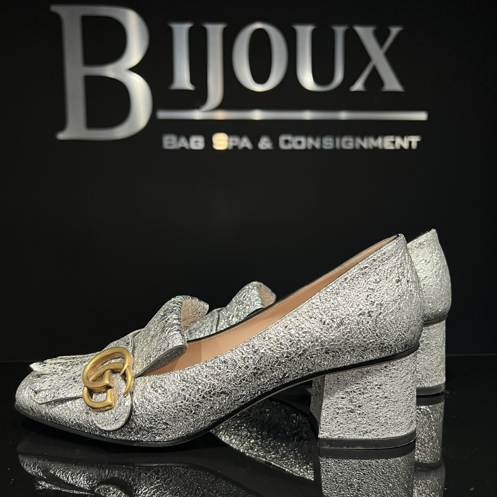 Gucci SOLD - Gucci Metallic Foil Marmont Loafers- 38
