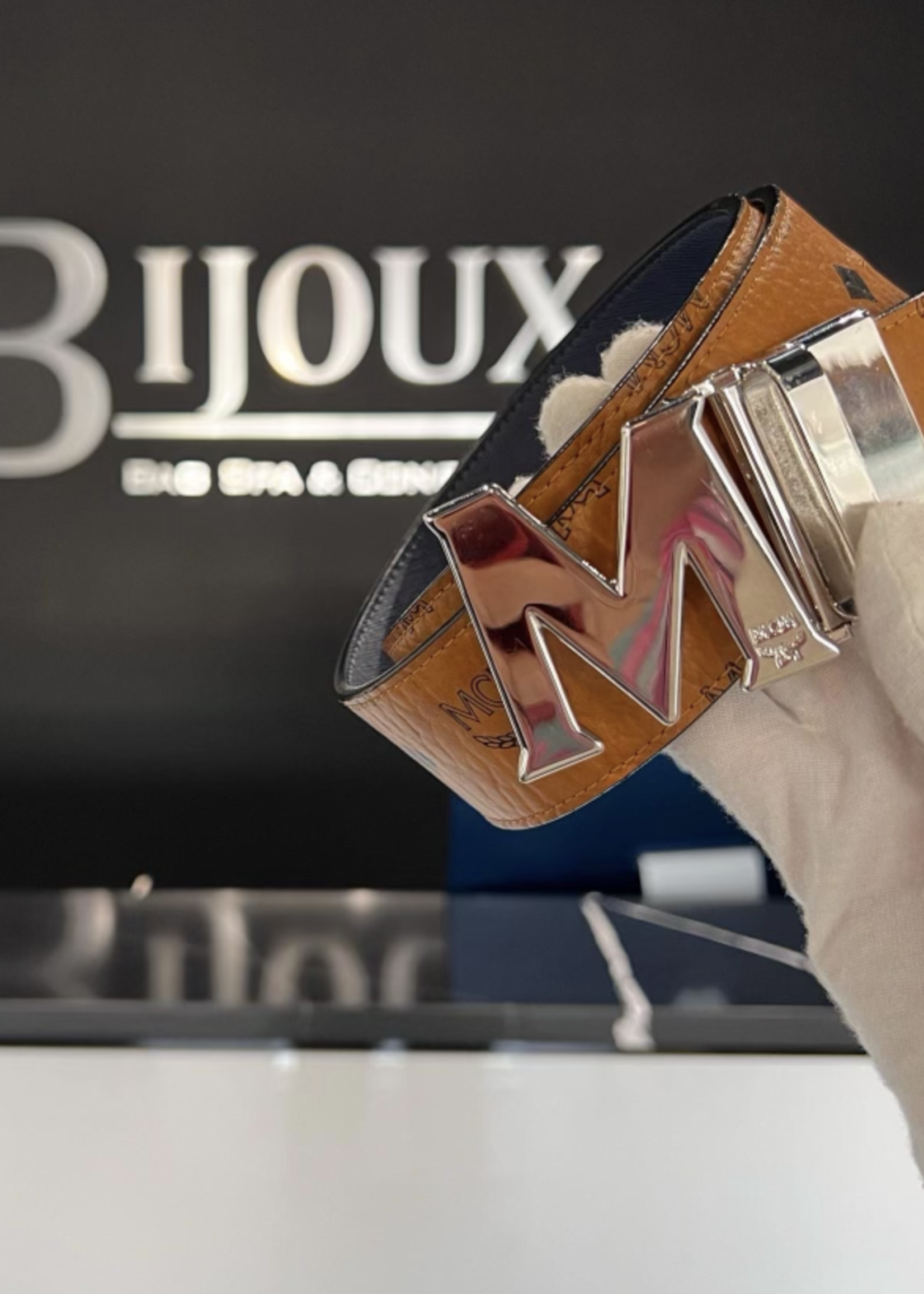 MCM SOLD - MCM Claus Cognac/Navy SHW Reversible Belt 1.75"