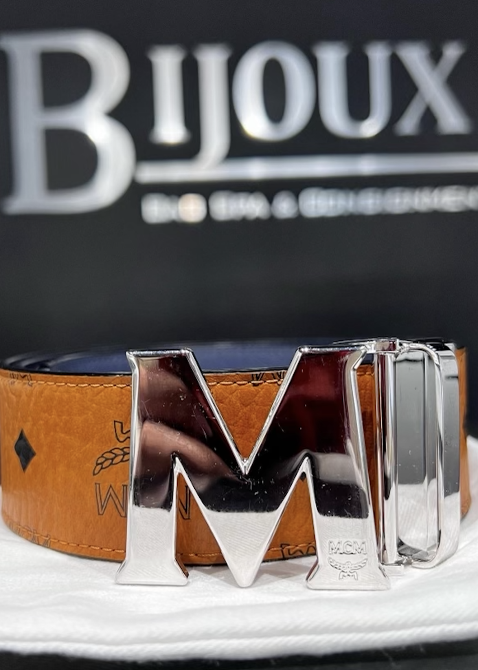 MCM SOLD - MCM Claus Cognac/Navy SHW Reversible Belt 1.75"