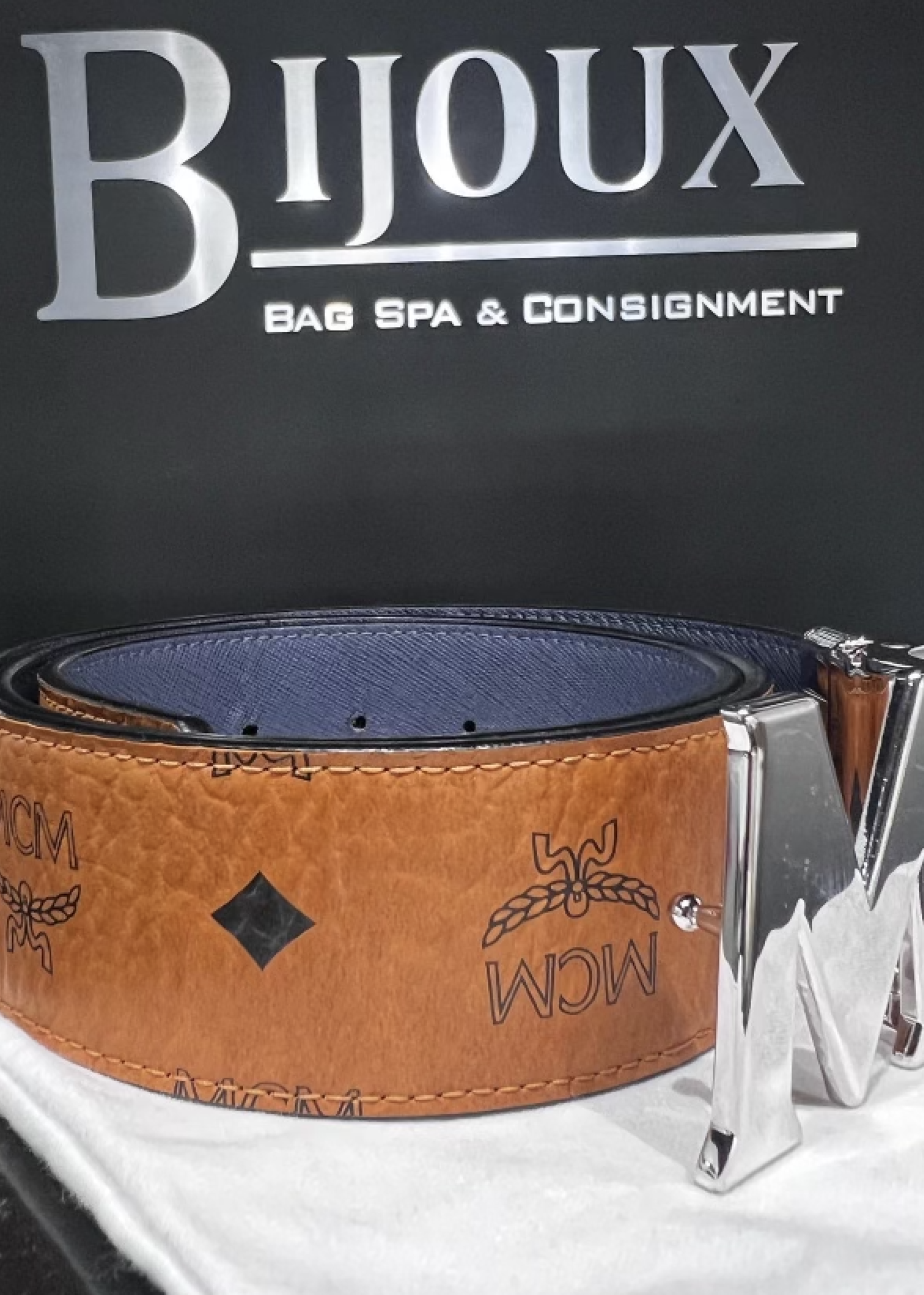 MCM SOLD - MCM Claus Cognac/Navy SHW Reversible Belt 1.75"