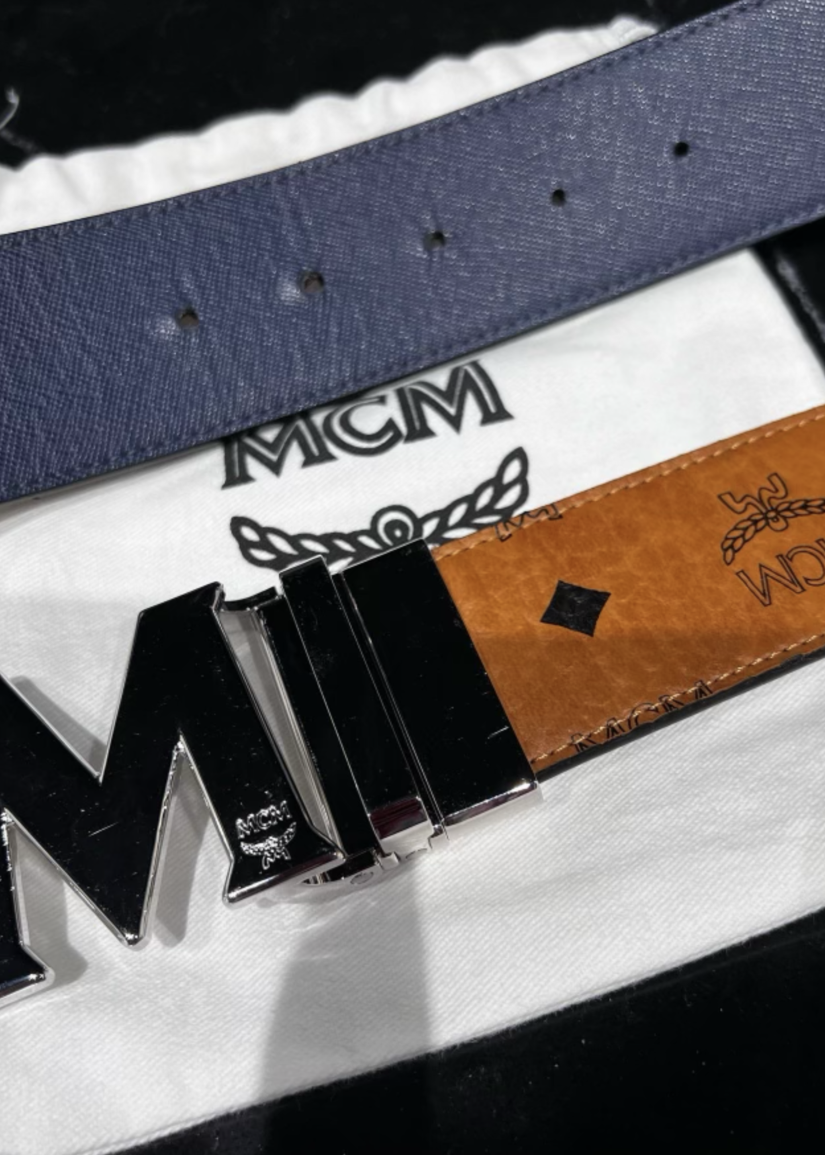 MCM SOLD - MCM Claus Cognac/Navy SHW Reversible Belt 1.75"