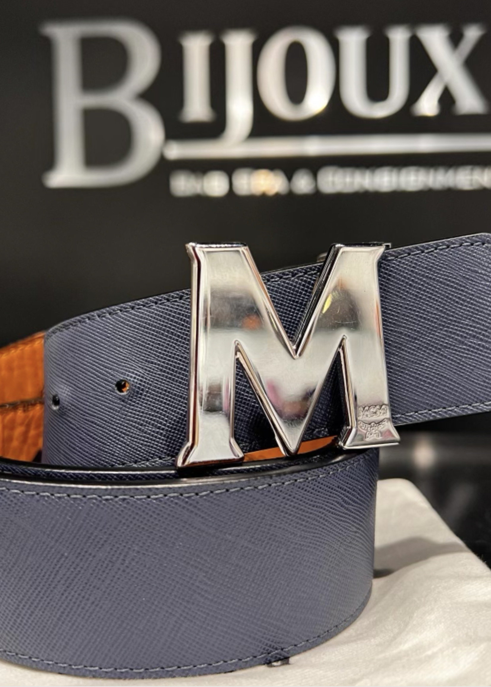 MCM SOLD - MCM Claus Cognac/Navy SHW Reversible Belt 1.75"