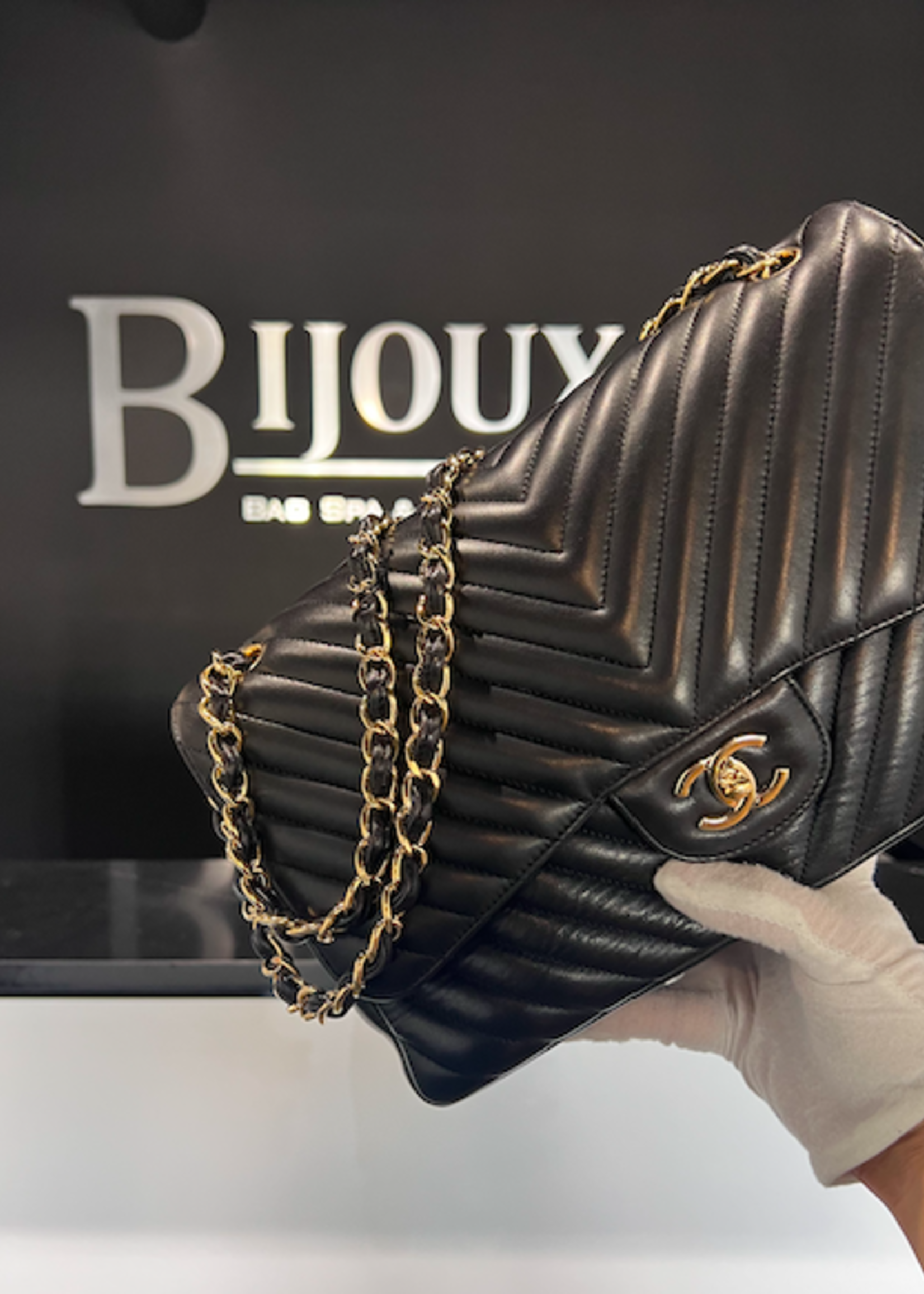 Chanel SOLD - Chanel Black Jumbo Chevron Stitch Lambskin Purse GHW