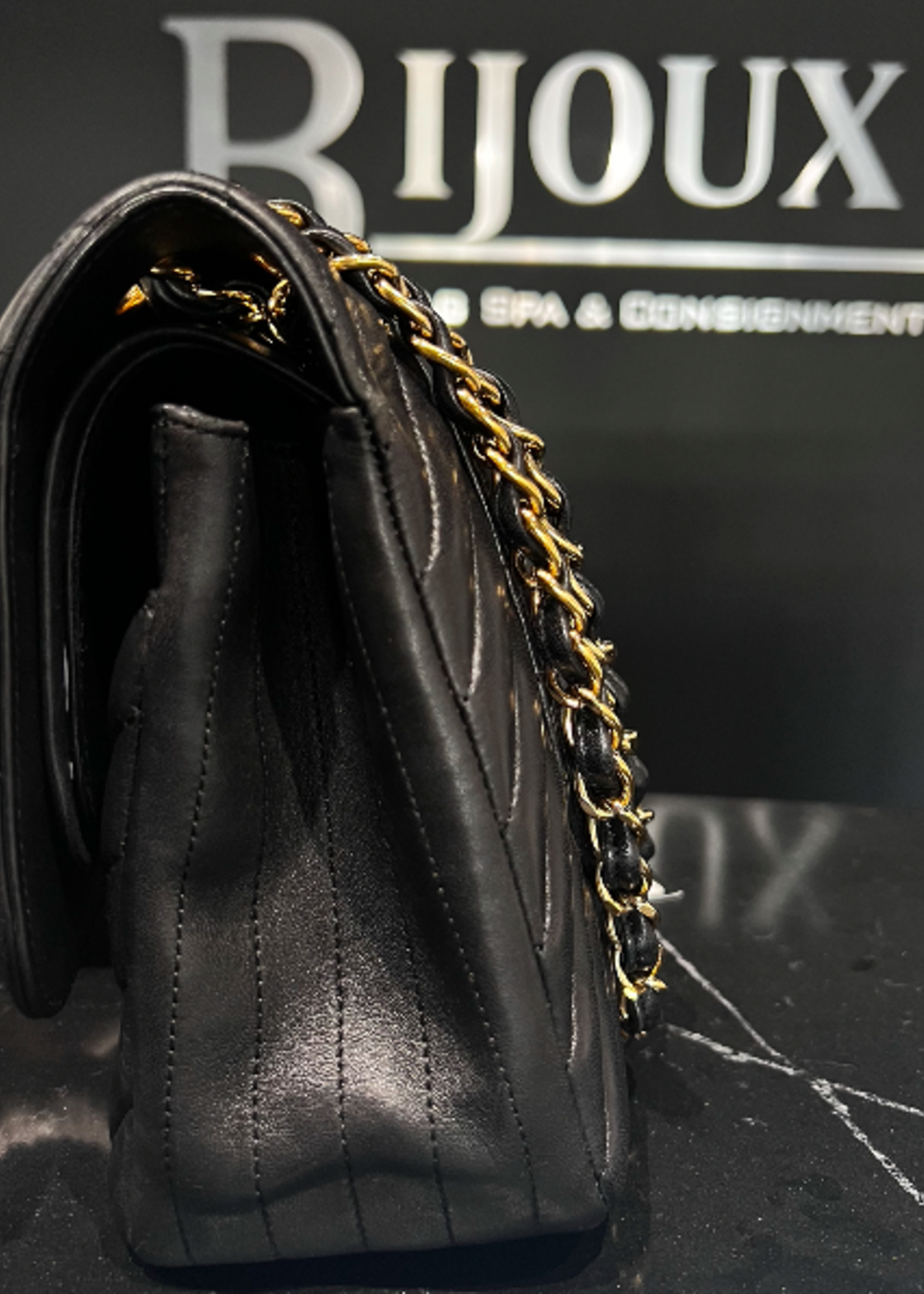 Chanel SOLD - Chanel Black Jumbo Chevron Stitch Lambskin Purse GHW